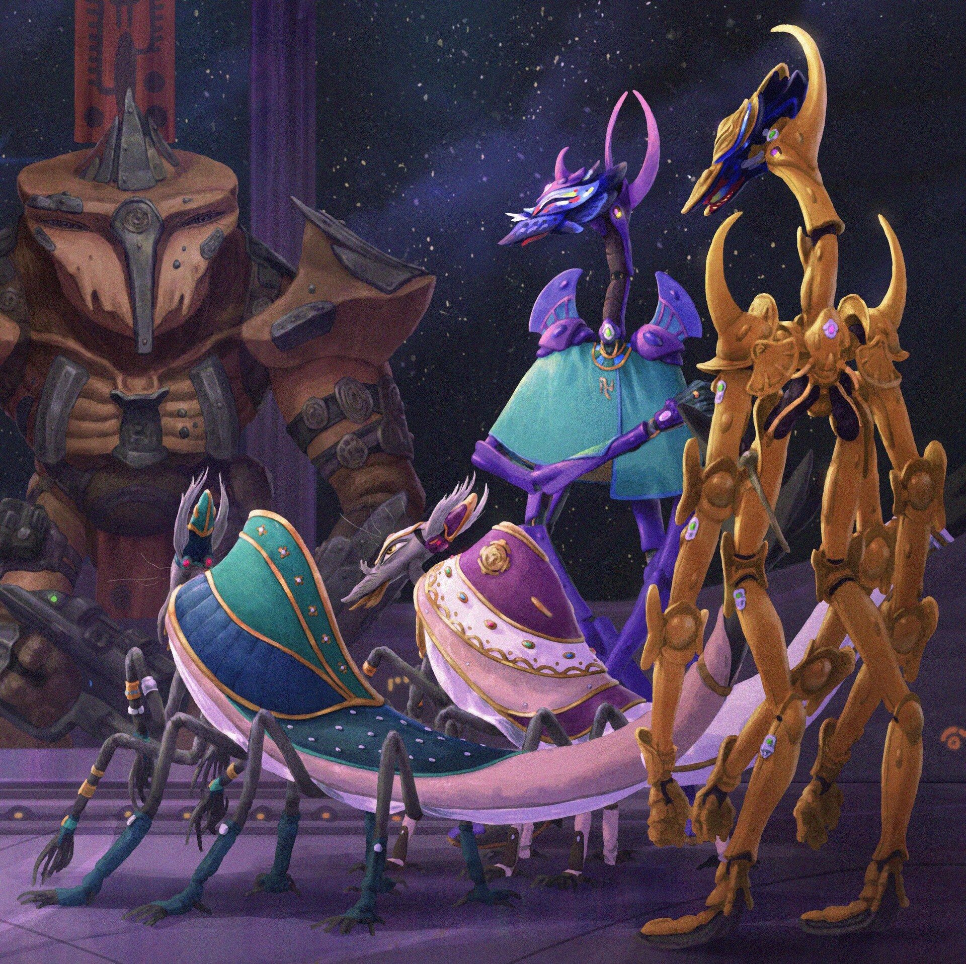 A logistic and faith ministers with two Sangheili commanders.