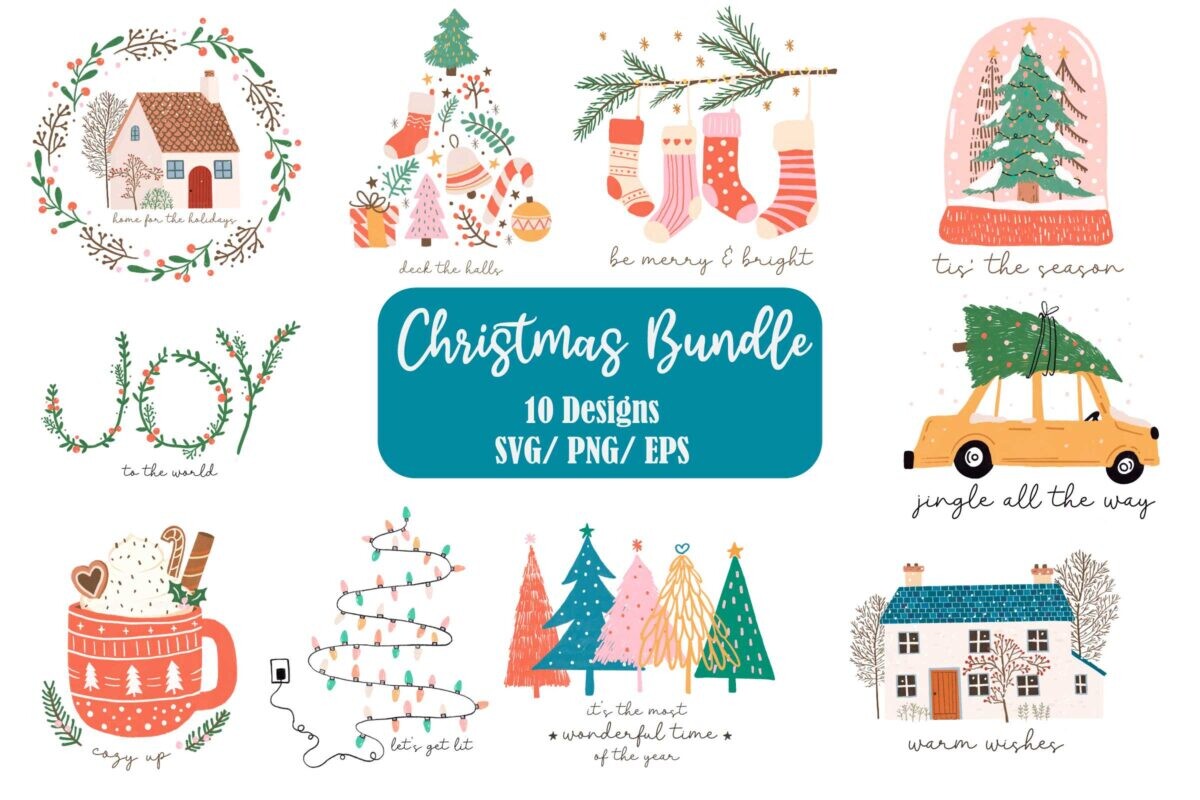 Artstation 10 designs of christmas svg png eps hand drawn bundle