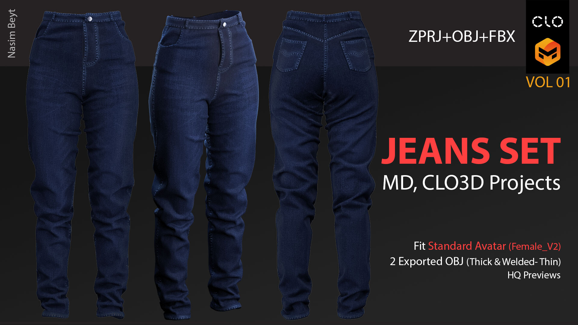 ArtStation - 3 Different Female Jeans Sets (VOL 01) with Texture. CLO3D, MD  PROJECTS+OBJ+FBX