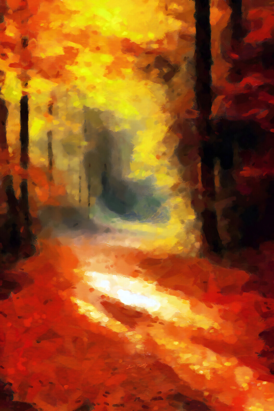 "Autumn Oak Road" A digital oil-on-ink process.
