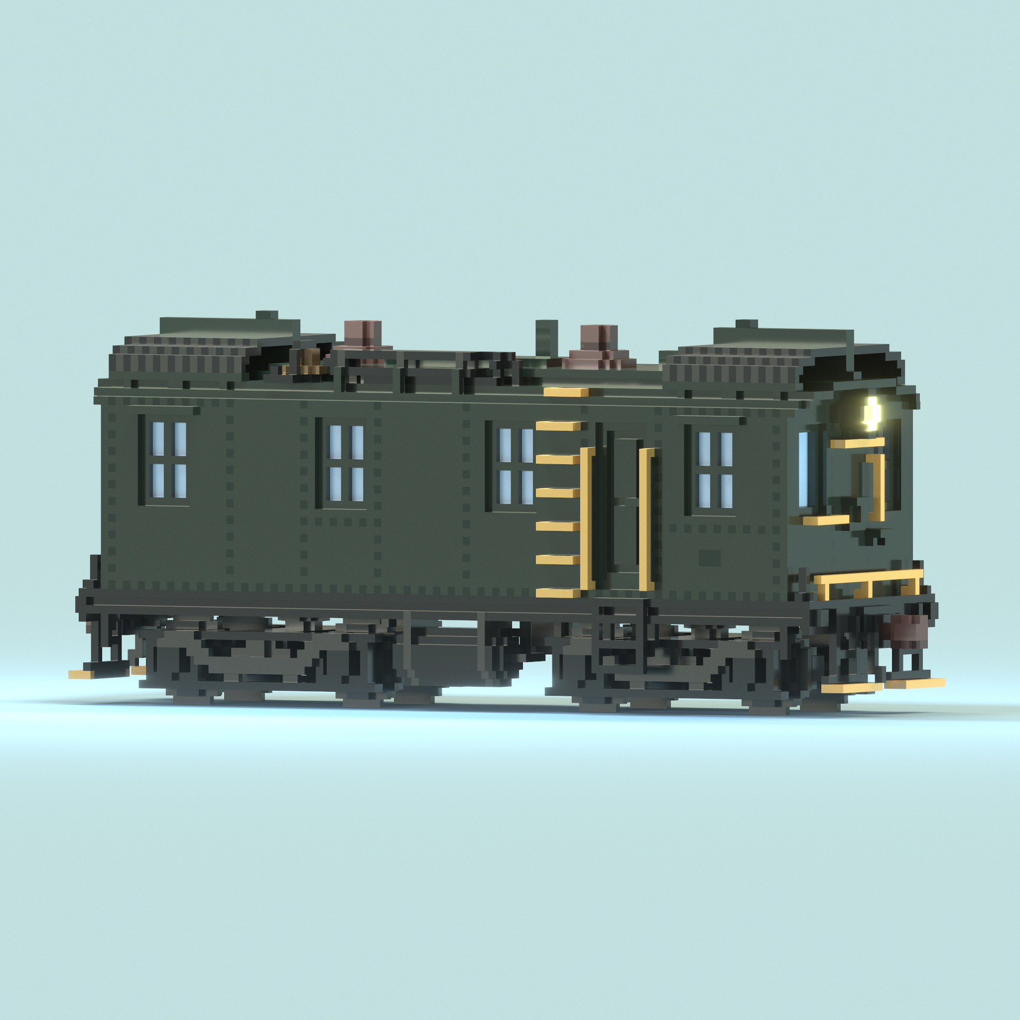 Side profile of Central Railroad of New Jersey No. 1000 locomotive, modeled and rendered in Magicavoxel.