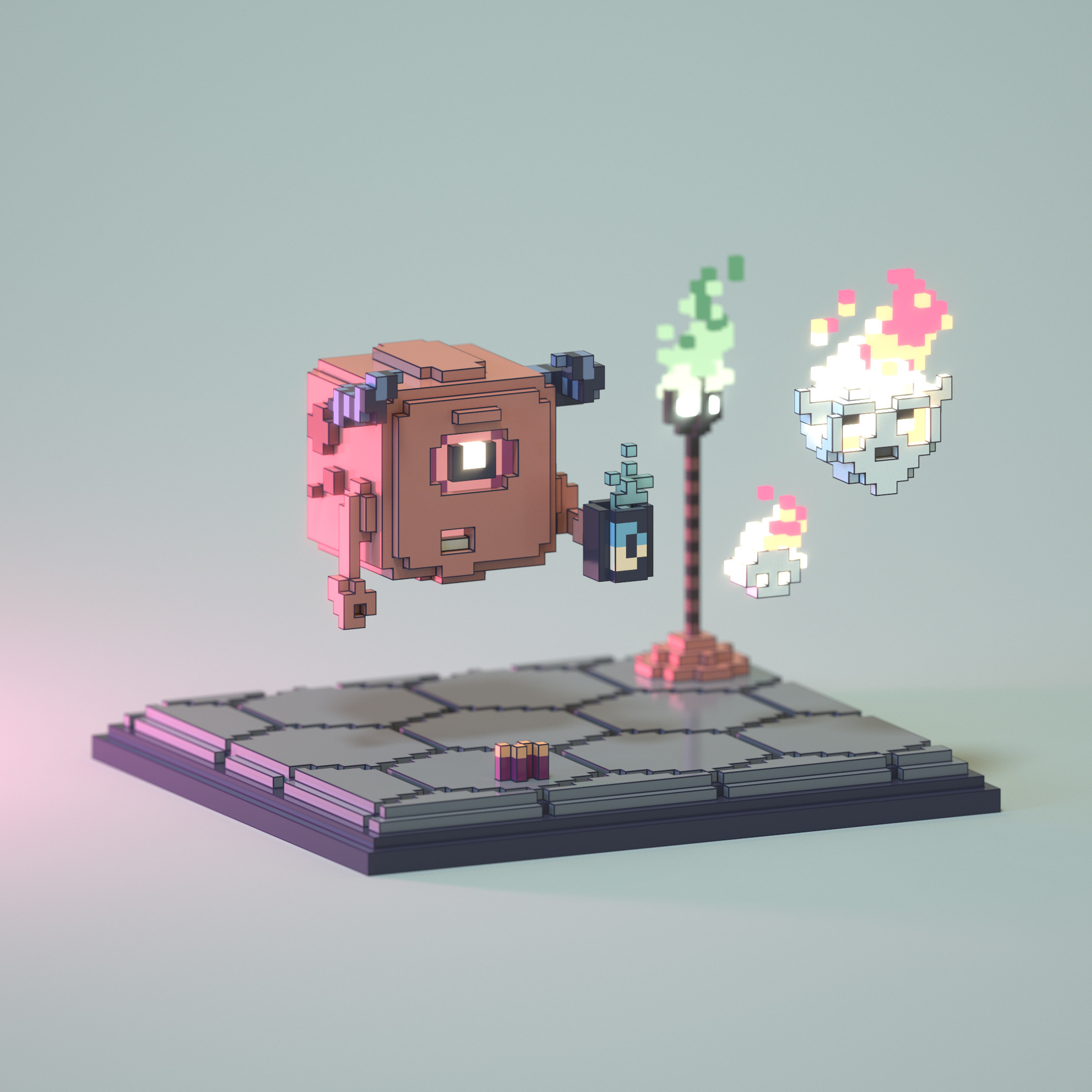 Voxel Pain Elemental Pop and his two Lost Soul children floating above a DOOM style base.