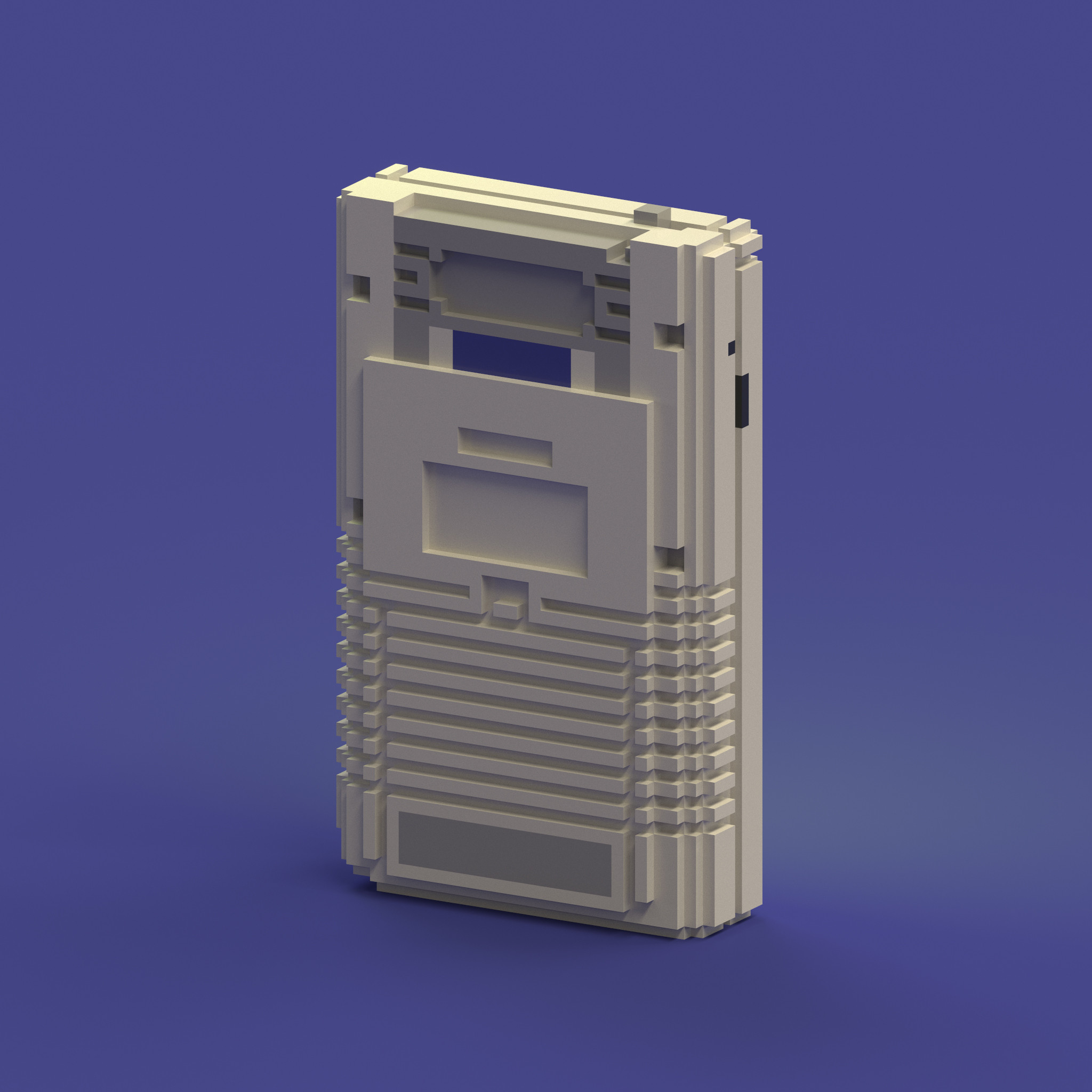 Rear angle of the voxel Game Boy with inserted game cartridge. 