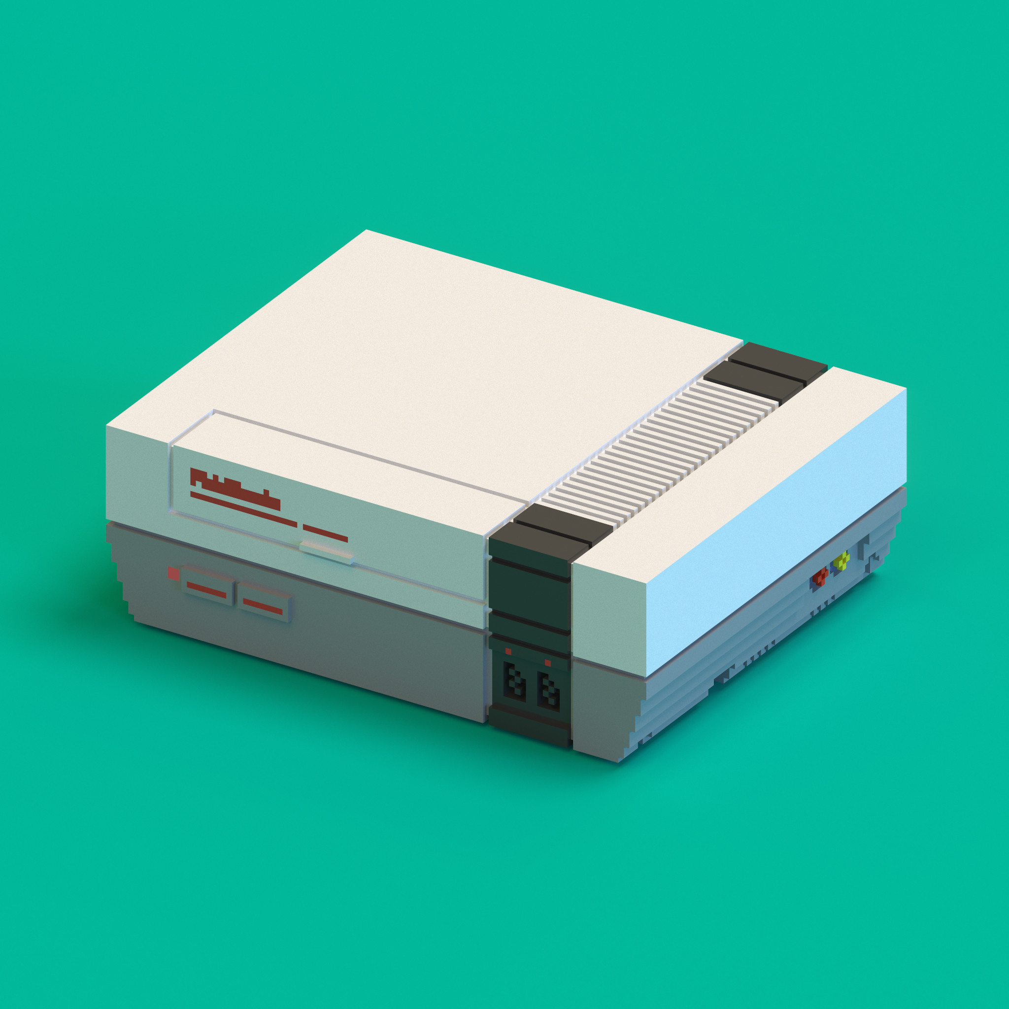 Voxel model rendering of the Nintendo Entertainment System (NES) videogame console.