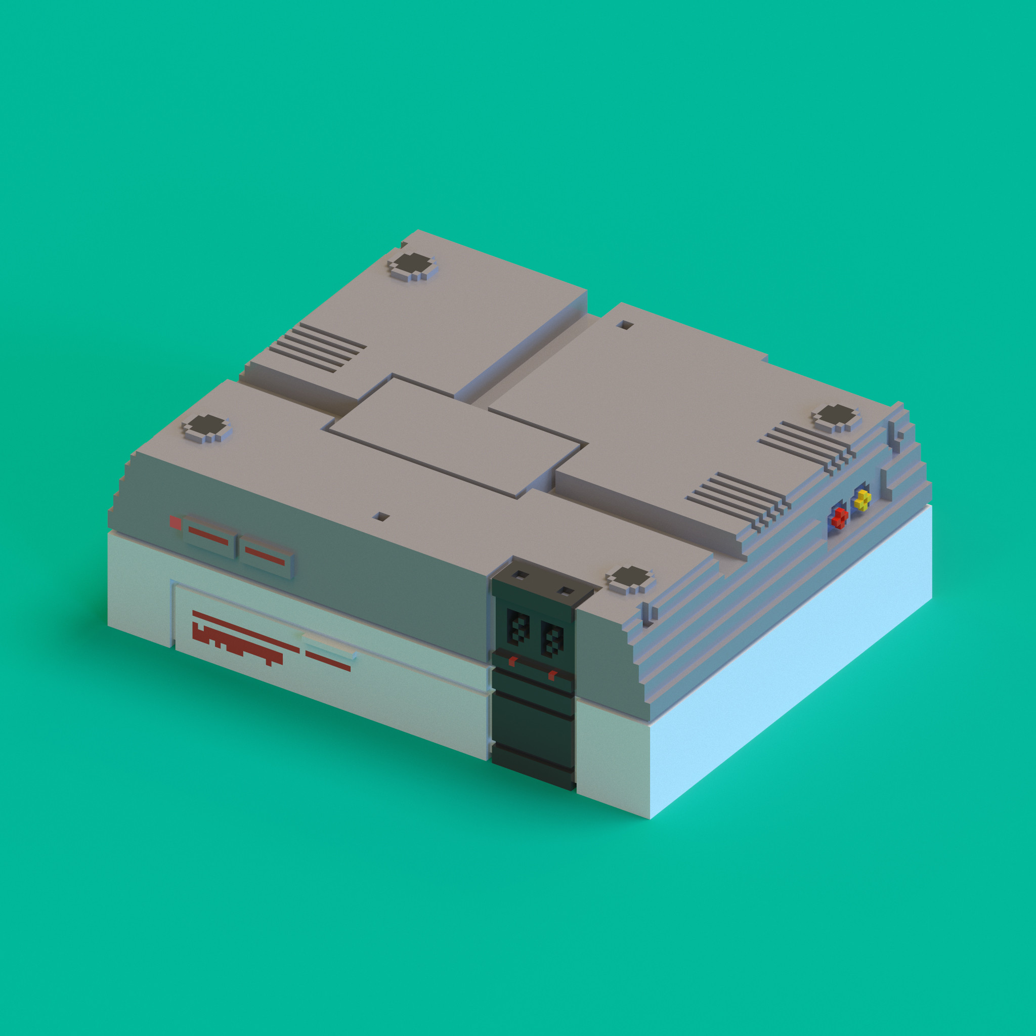 Undercarriage rendering of the voxel NES. Did you know the center block is removable and was designed as an expansion port that was ultimately never used commercially?