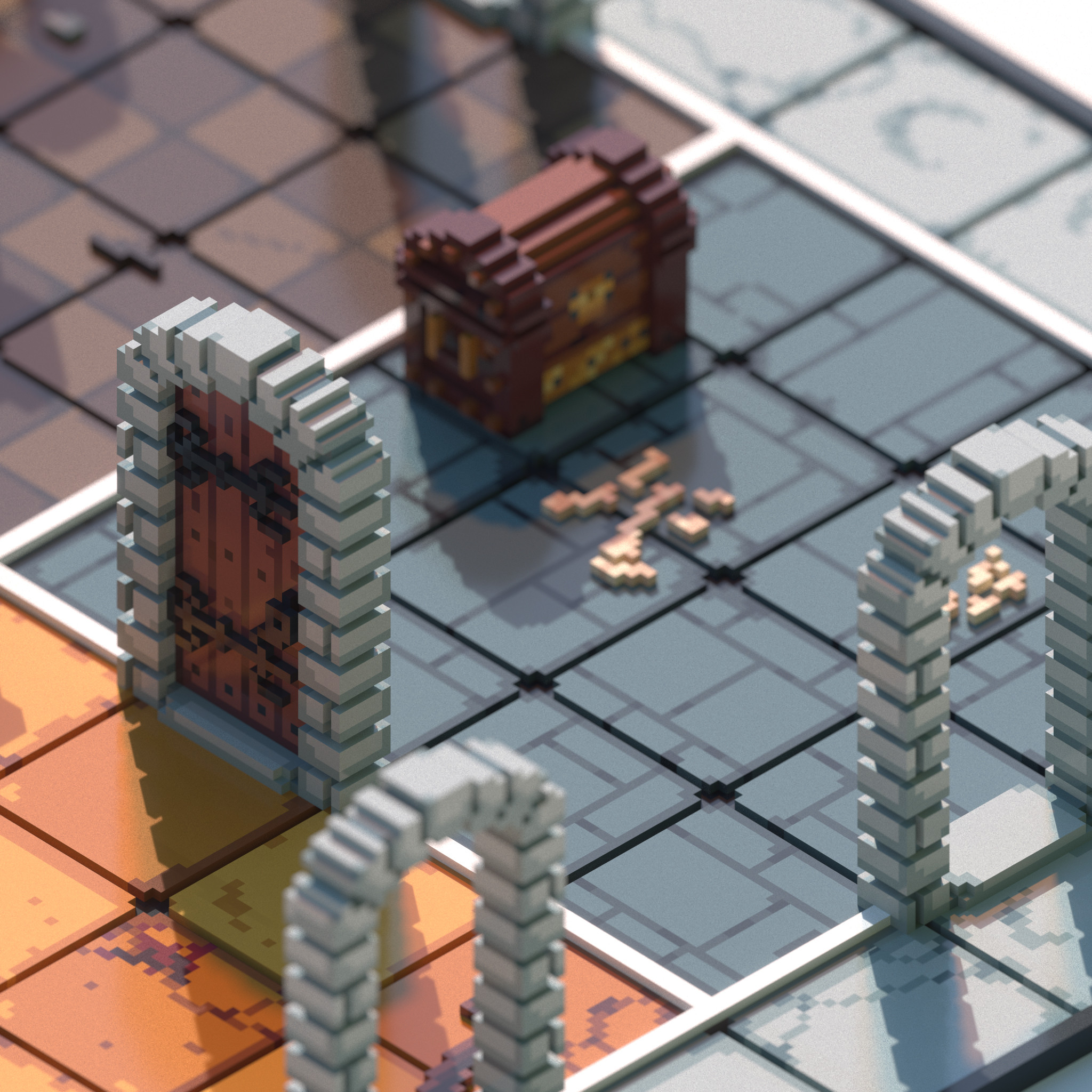 Overhead angle of the HeroQuest game board, with a focus placed on the closed wooden door and nearby treasure chest set pieces.