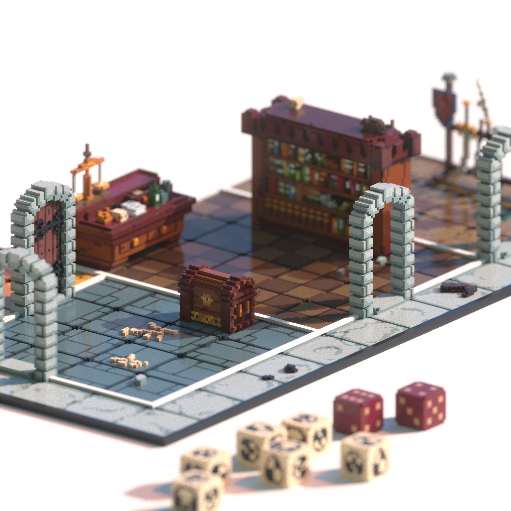Voxel model rendering of select HeroQuest game board assets.