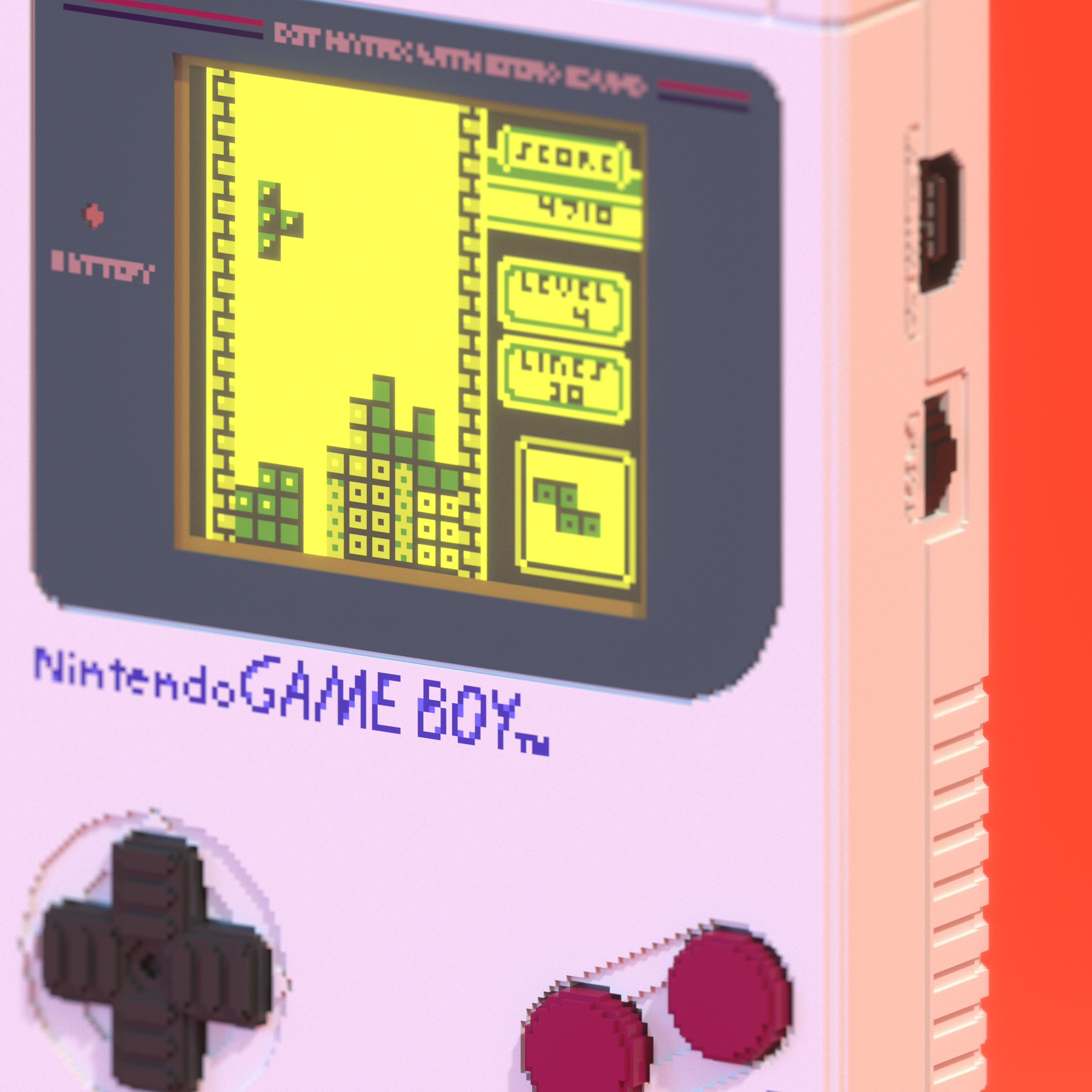 Front-facing close up detailing the screen and control surfaces of the voxel Nintendo Game Boy portable console.