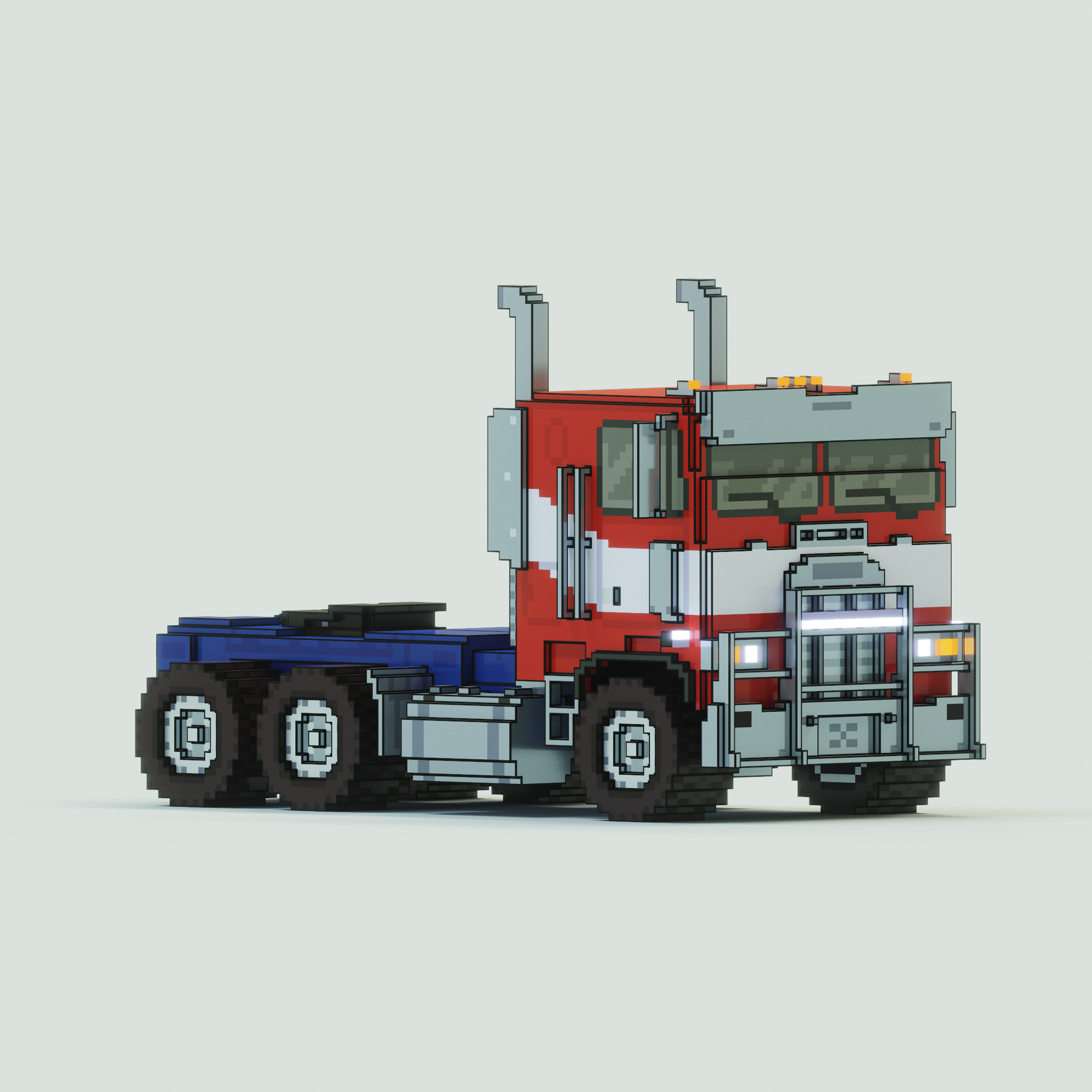 Alternate side angle of a voxel rendition of Optimus Prime in "vehicle mode".