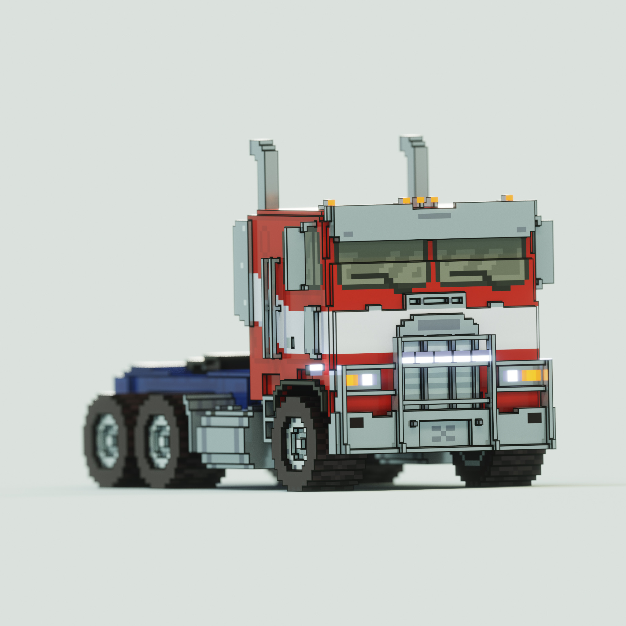 Front close up angle of Optimus Prime in his classic cab-forward semi-truck configuration.