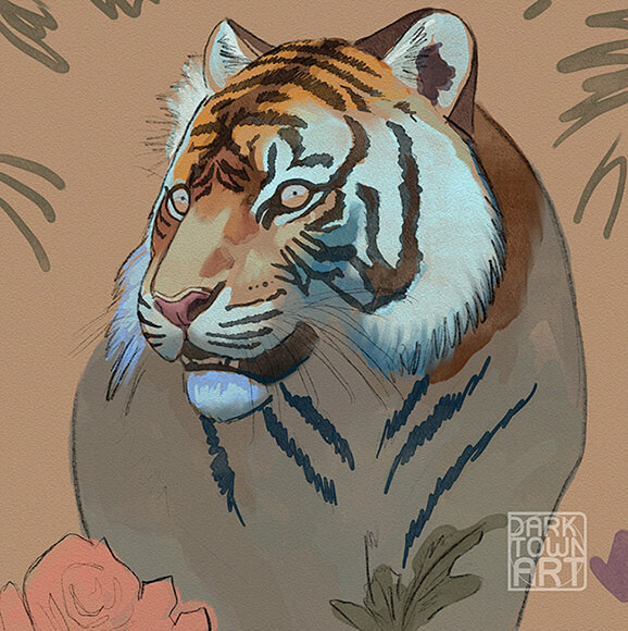 sketch with basic colors for the tiger