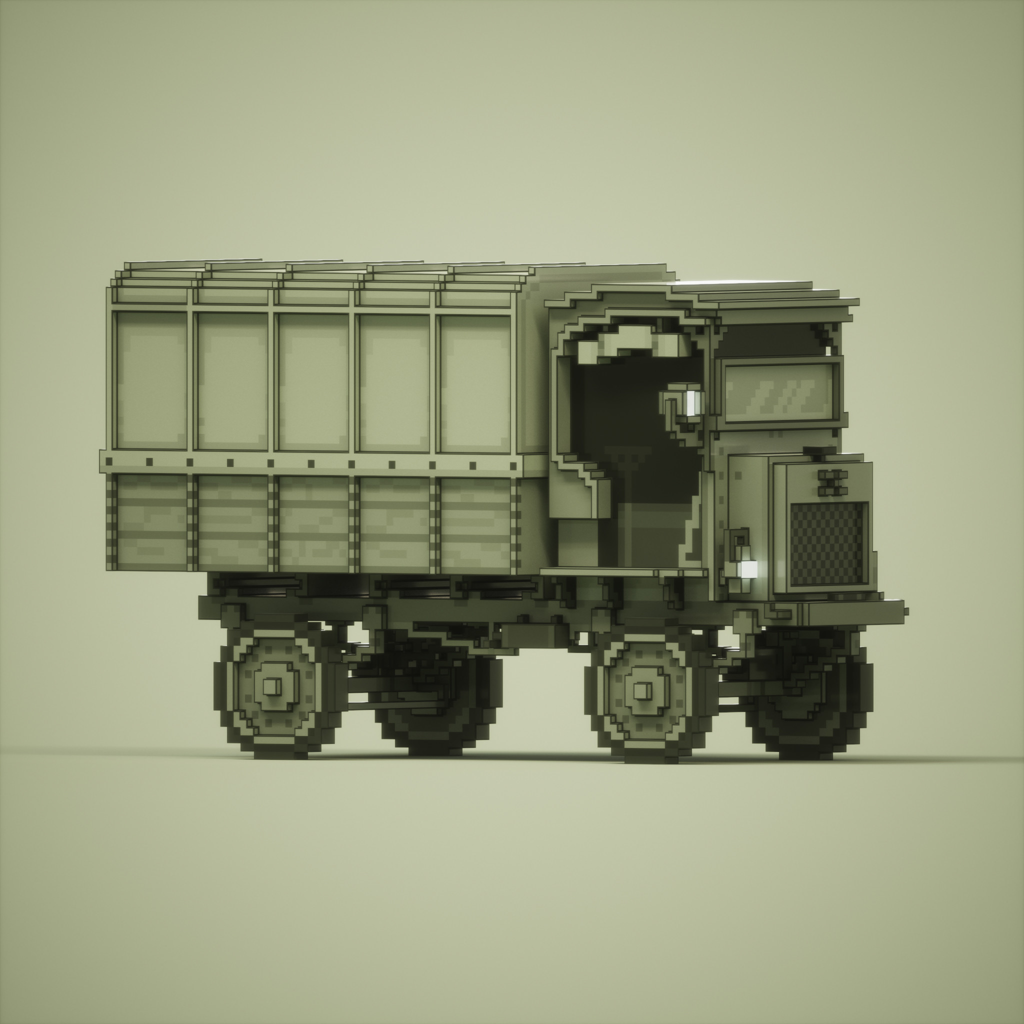 Voxel 1919 Jeffery \ Nash Quad four-wheel drive 1.5 ton-rated truck created and rendered using Magicavoxel.