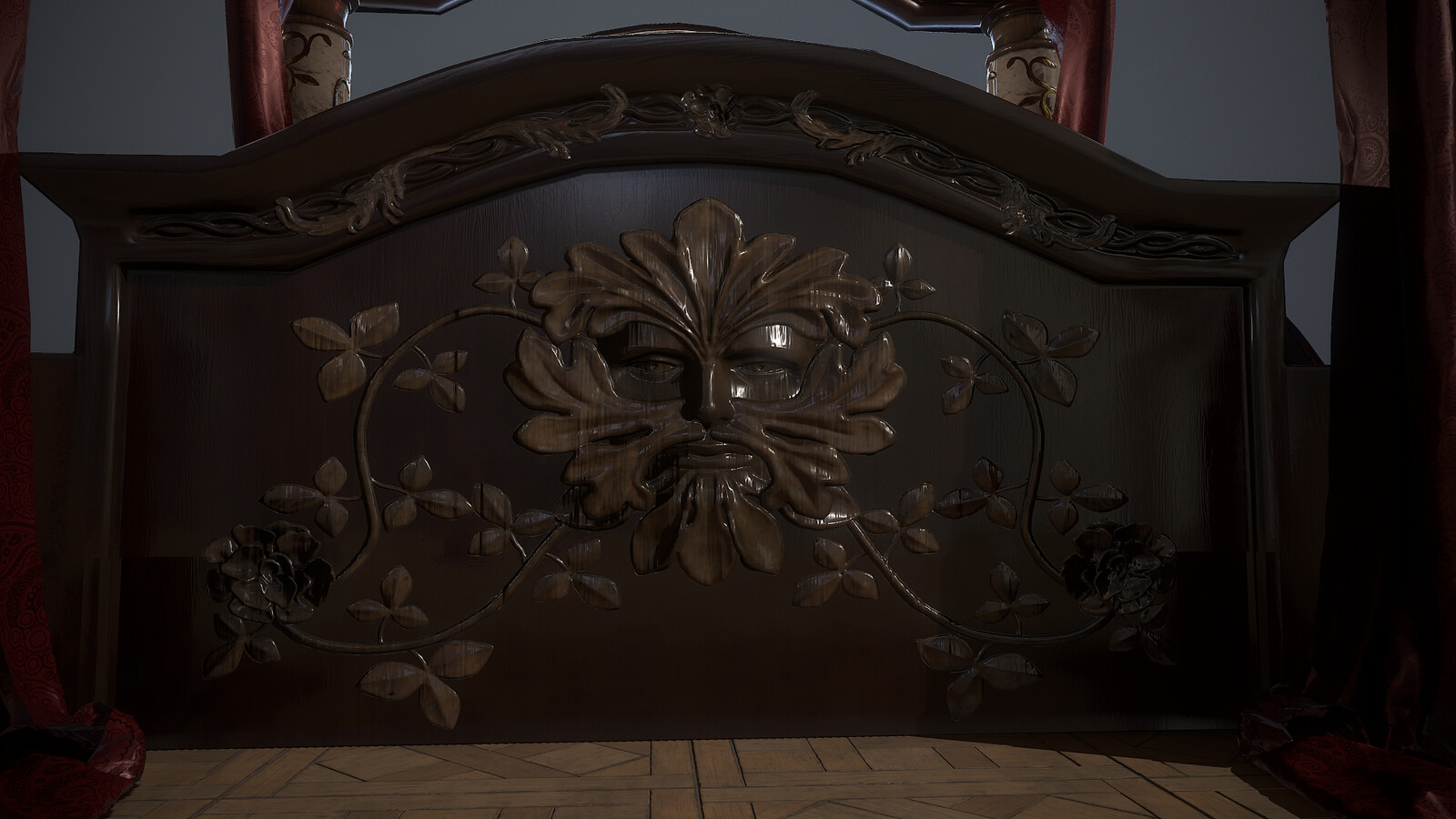 Detail of footboard. Sculpted in ZBrush, textured in Substance Painter.