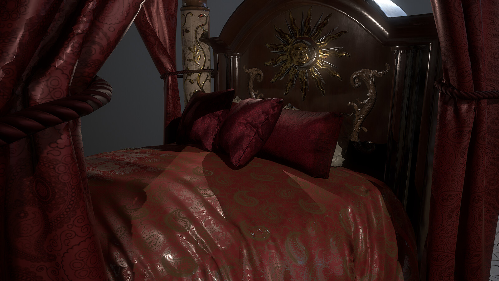 Closeup highlighting the fabrics, which were created in Marvelous Designer and textured in Substance Painter.