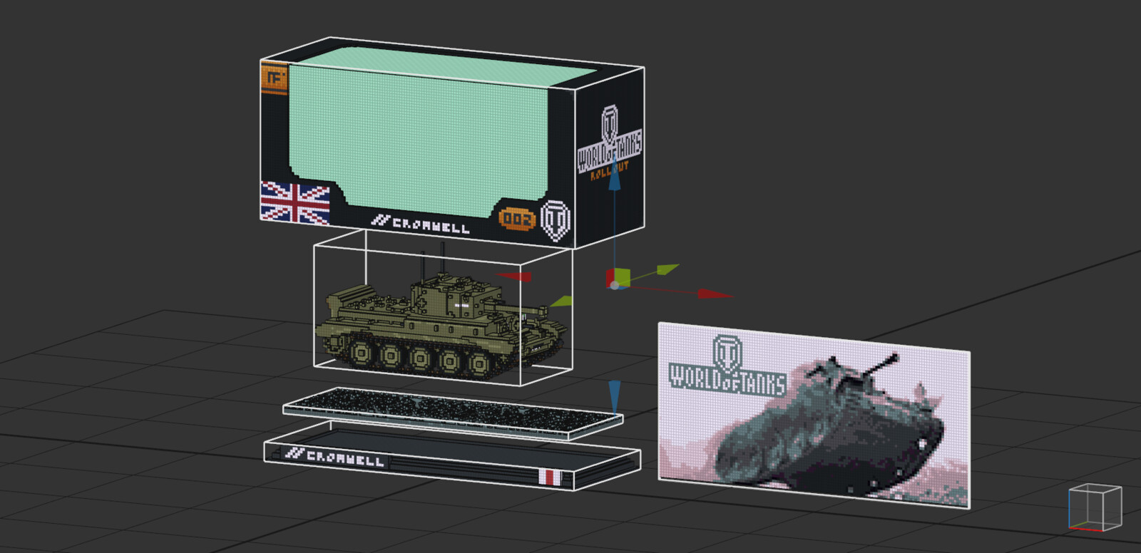 Working viewport of the voxel Cromwell tank project, in a cutaway layout separating all the sub-components that make up the model.