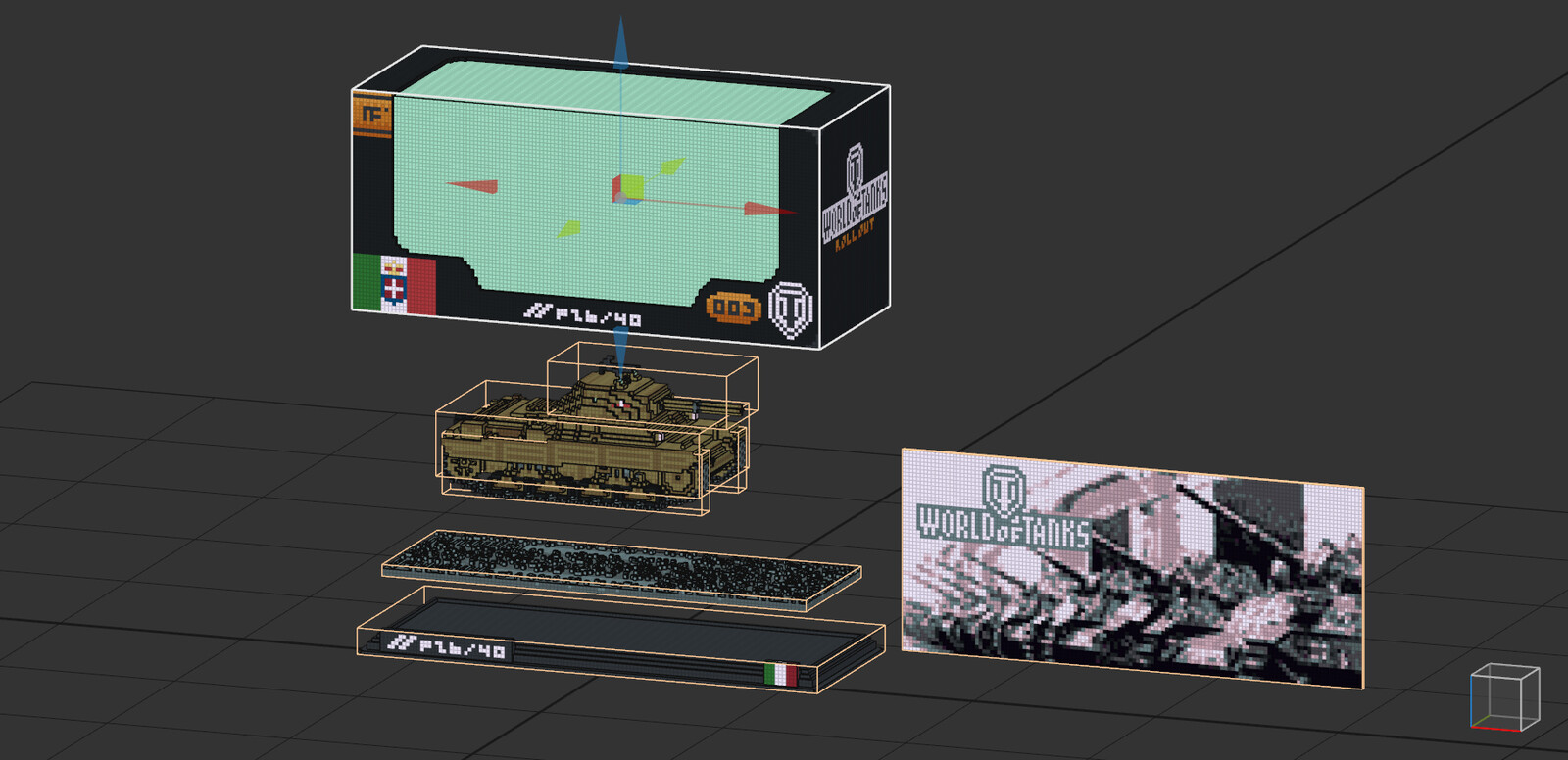 Working viewport of the voxel P26/40  tank project, in a cutaway layout separating all the sub-components that make up the model.
