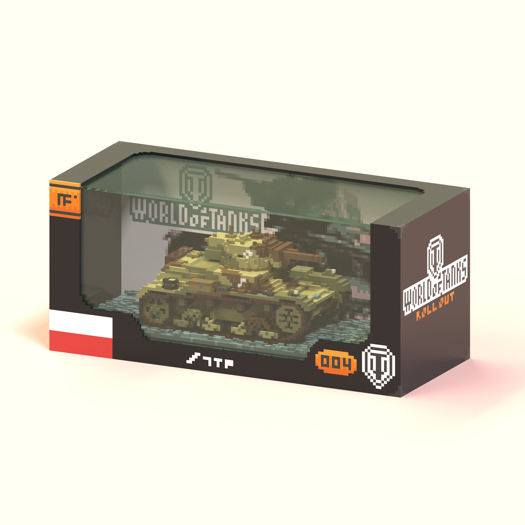 Voxel model of a "die-cast" Polish 7TP light tank inside a collector World of Tanks package.