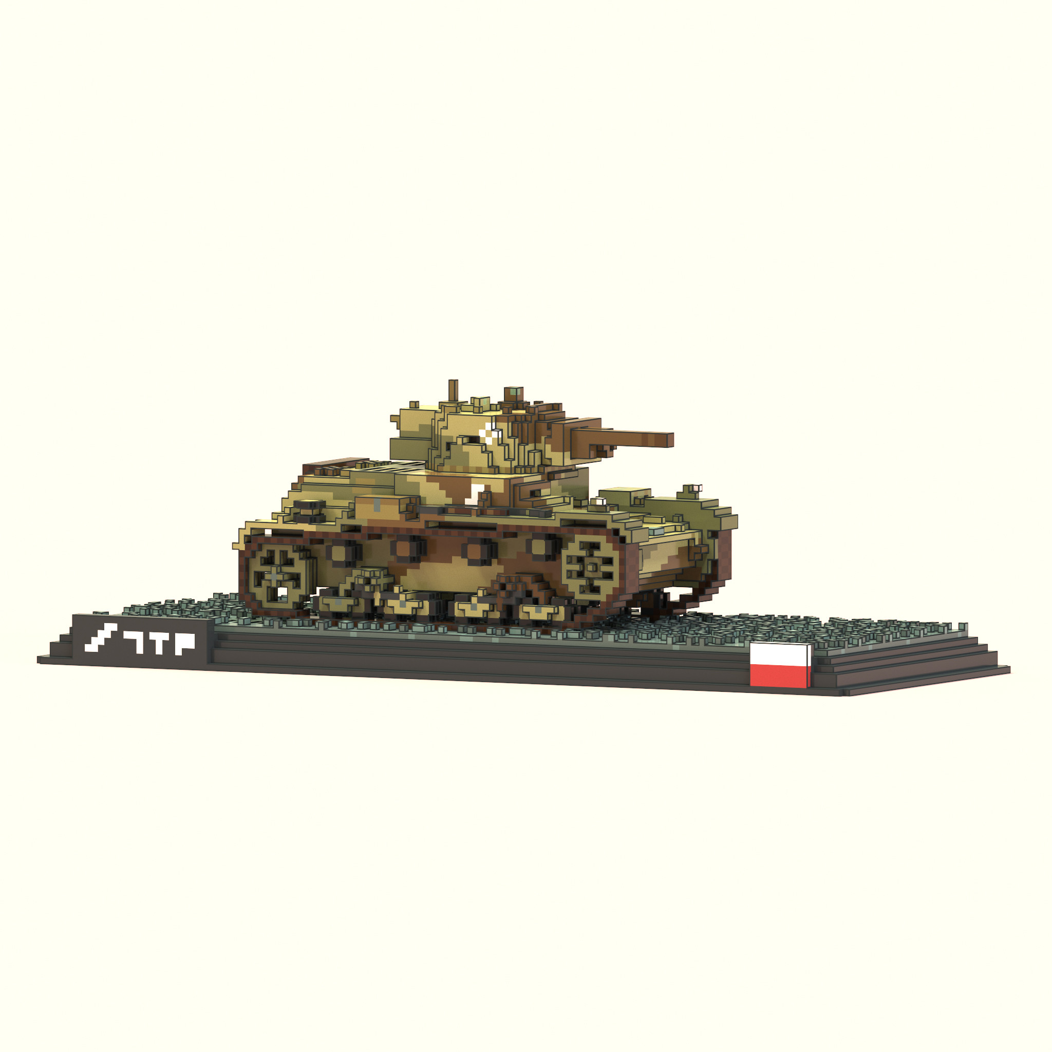 Side profile of the unboxed 7TP tank resting atop a "die-cast" base.