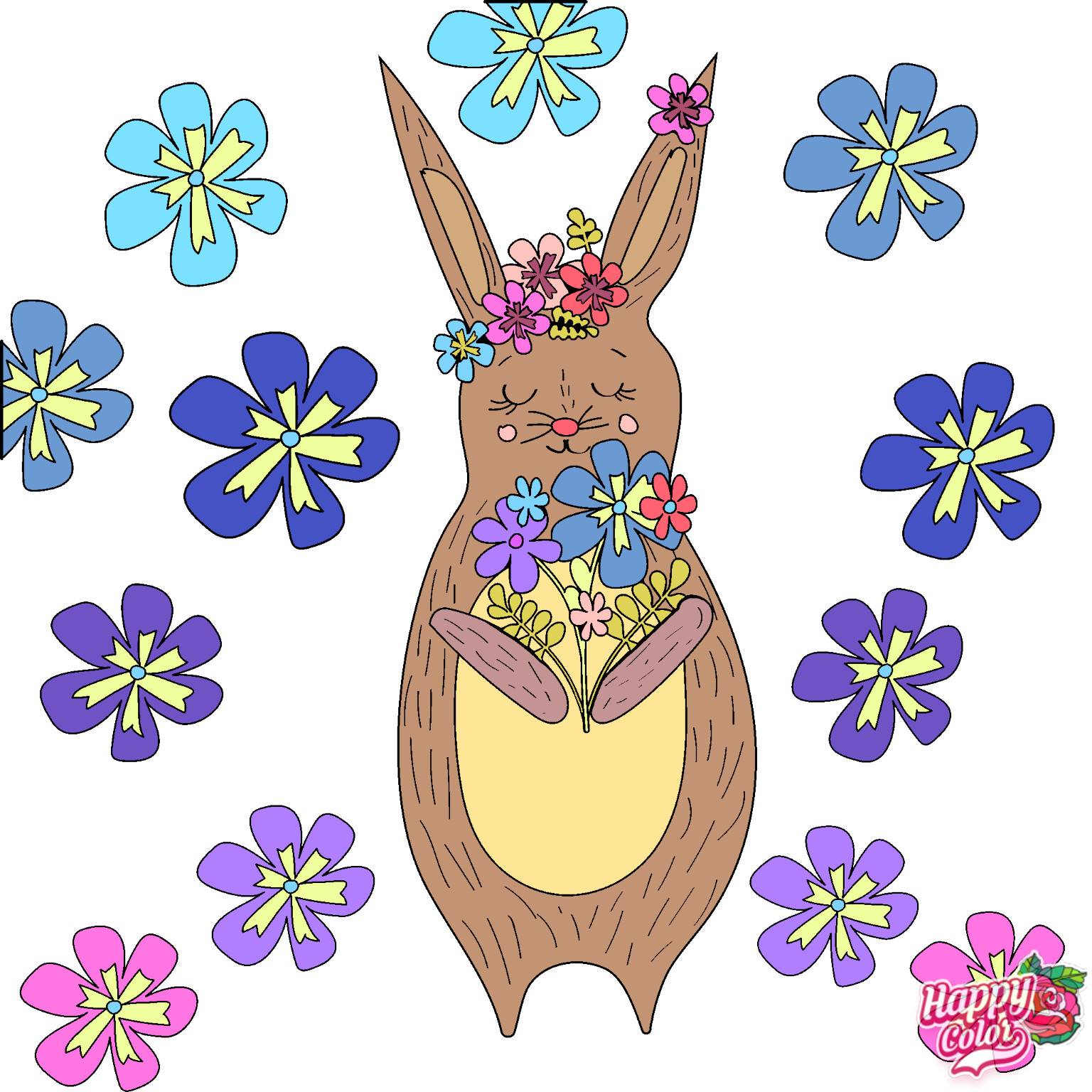 ArtStation - Bright sweet light brown khaki pink cartoon girl bunny rabbit  with colorful flower blossom art in light background 2021