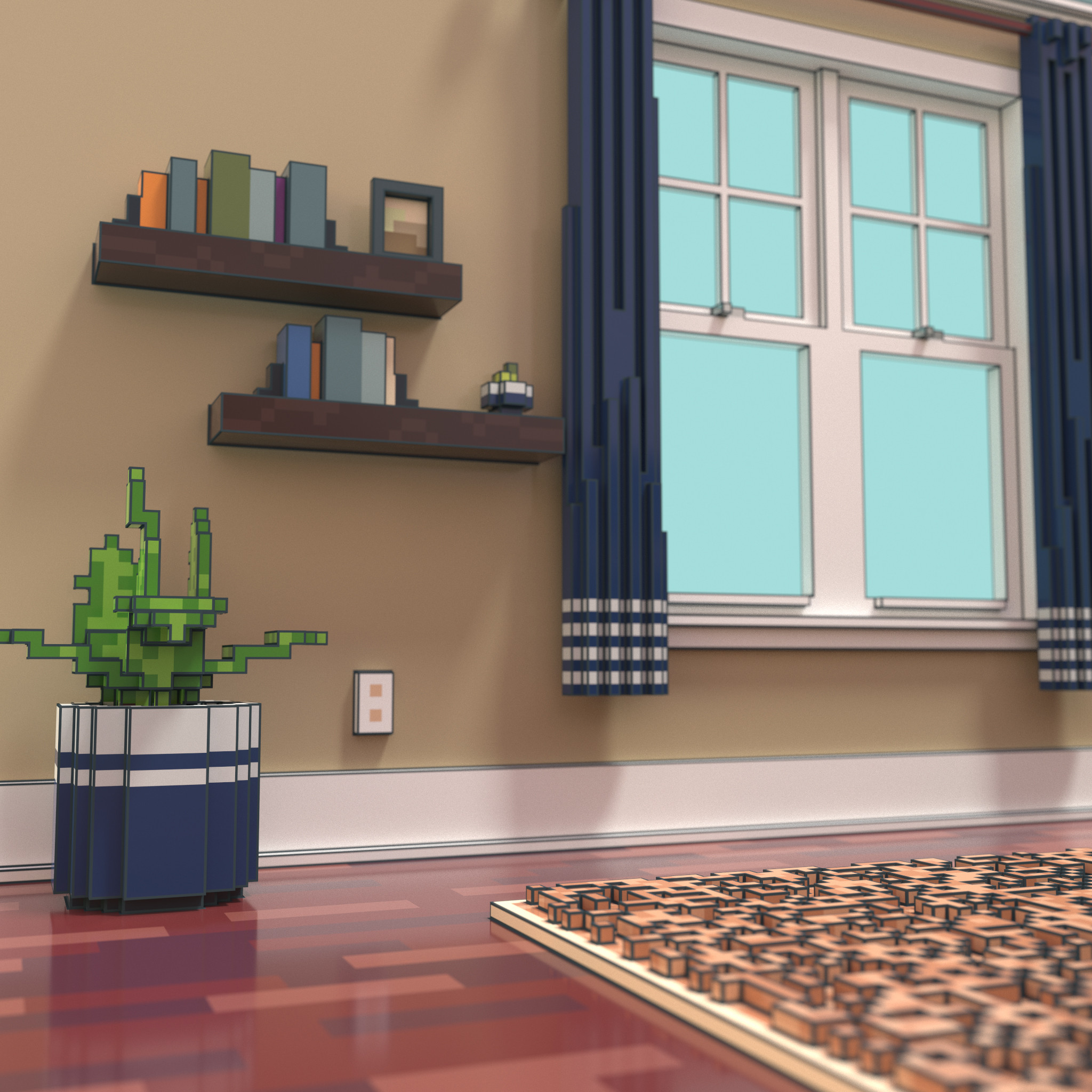 Voxel model of a home office potted plant and built-in book shelving near a 2-bay window with navy blue curtains.
