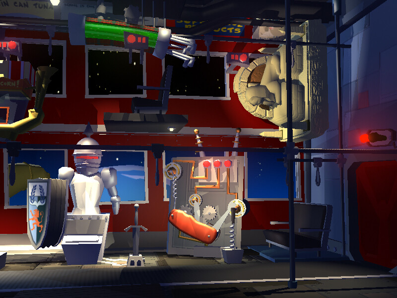The interior of a "bus" for "engineering". some objects are puzzles.  I built, textured and lite the "bus" and staged the puzzle objects.  