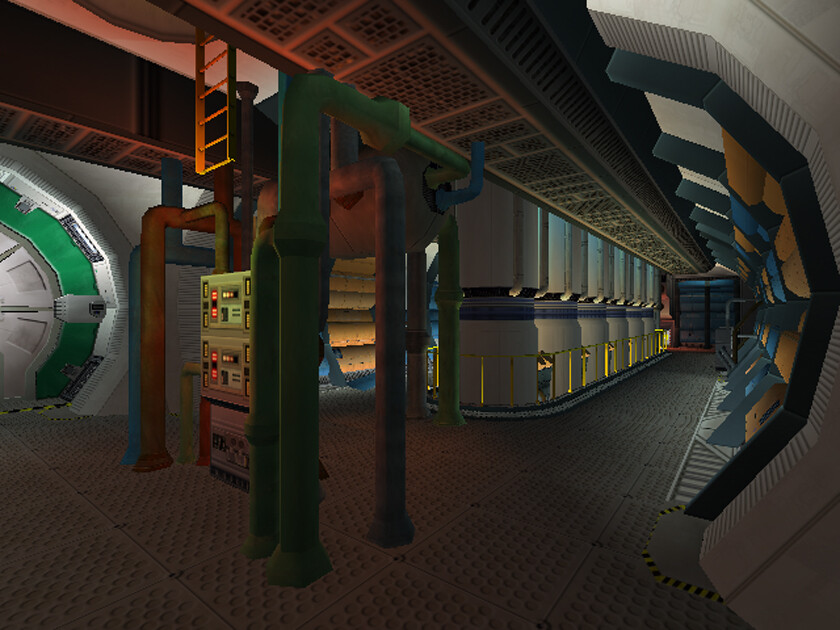 level I - if memory serves, there was some puzzle solving in this hallway so as to access the ladder hanging down.