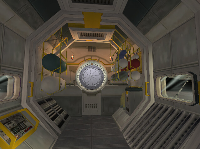 Phobos - as you travel through the hatchways, you figure out the keys need to get yourself to Red Rock (aka Mars).  Outside the windows you can see the surface of Phobos.