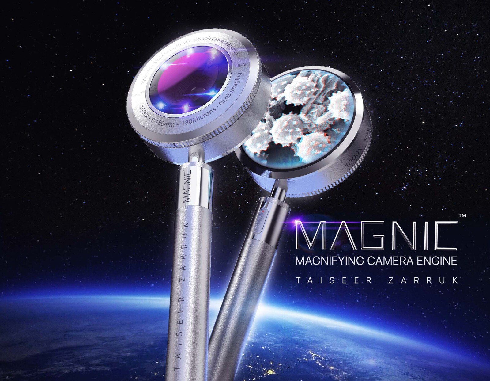 Magnic ™ from space, zooming down to earth, into a human lungs to spot a Puffball spore disease. And you can see it on the screen. 