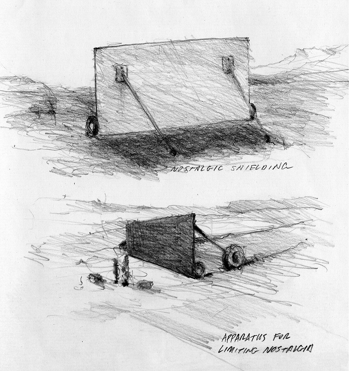 Edmund Mathews, Apparatus for Inhibiting Nostalgia, 9” x 12”, Graphite on paper study, 2014