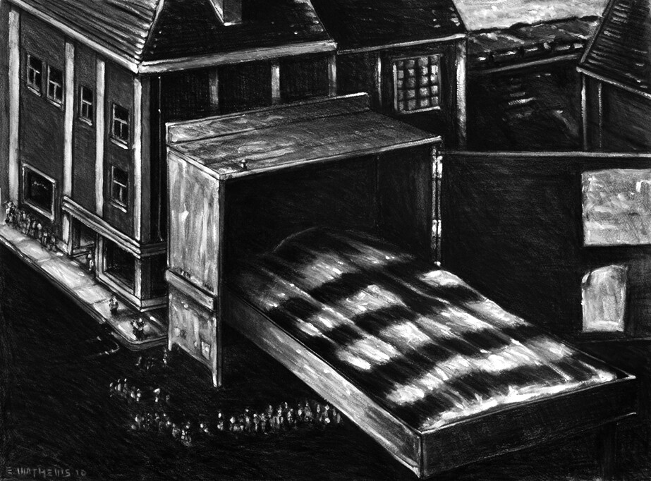 Edmund Mathews, The Shelter, 30” x 22”, Charcoal and acrylic on paper, 2010