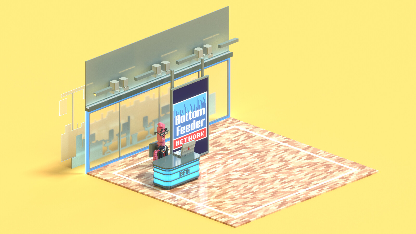 Render demonstrating the "forced perspective" elements that make up the voxel newsroom.