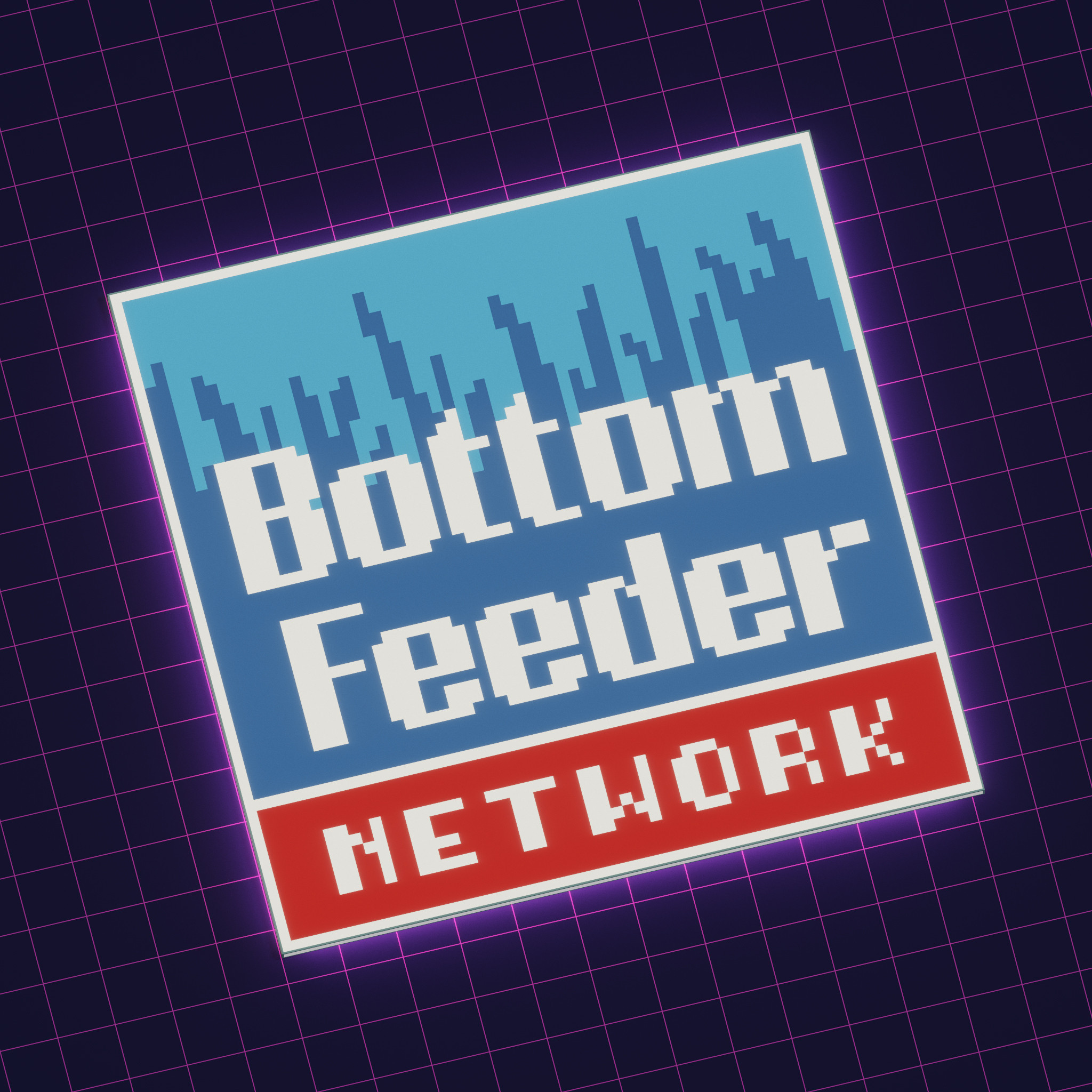 Bottom Feeder Network Logo super-imposed against a retrowave background.