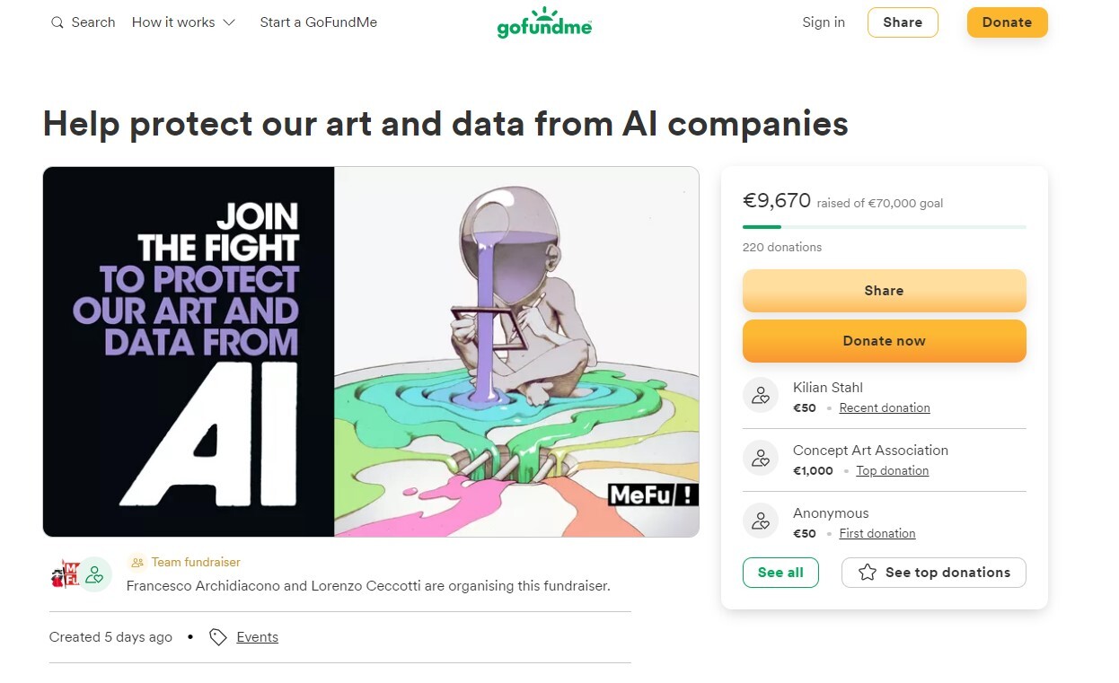 https://www.gofundme.com/f/help-protect-our-art-and-data-from-ai-companies?utm_source=facebook&amp;utm_medium=social&amp;utm_campaign=p_cp%20share-sheet&amp;fbclid=IwAR0qGY7NpU_KnK5uE6Z9za4rGkAZpNJrfjr64xMFJ4695RhcasJS_RbrCyg