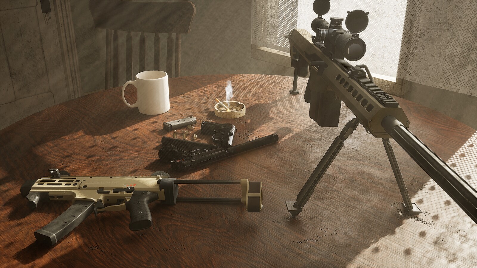 Project Flutterbeam weapons - B50 Sniper (Myself), PPK Pistol (Ronald Dice), and Phoenix SMG (Dylan Avellaneda) - Render by Ronald Dice