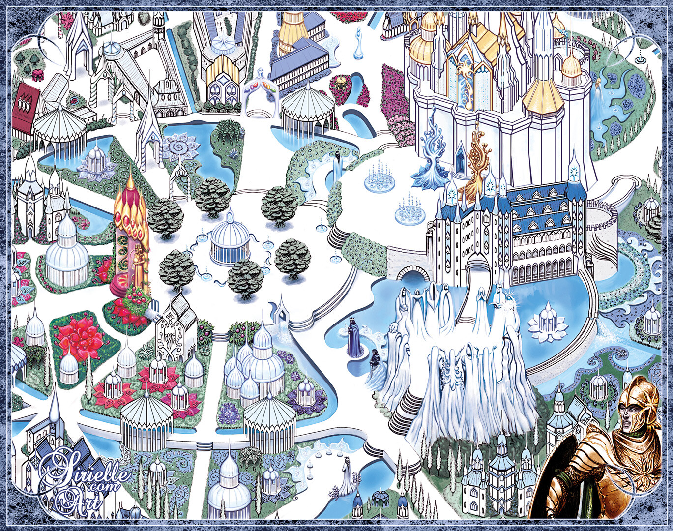 Gondolin from "The Silmarillion" in a fantasy map style, city center closeup.
