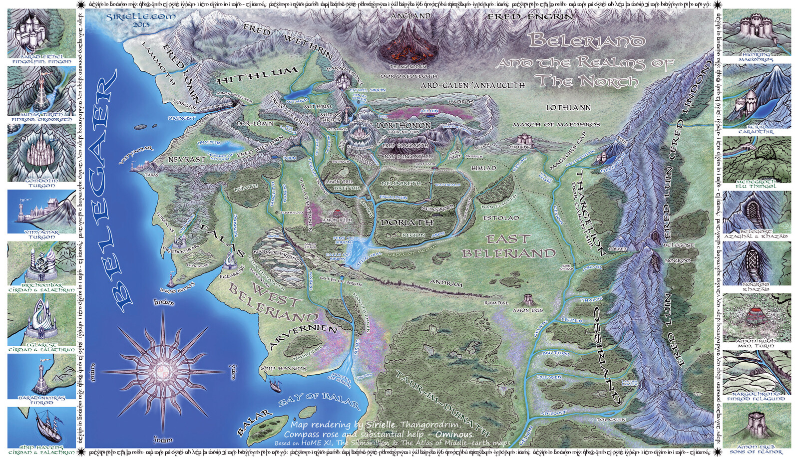 Beleriand and Realms of The North | Map rendering by myself, with Thangorodrim, compass rose and tengwar frame by Kuba Tymiński 'Ominous'.