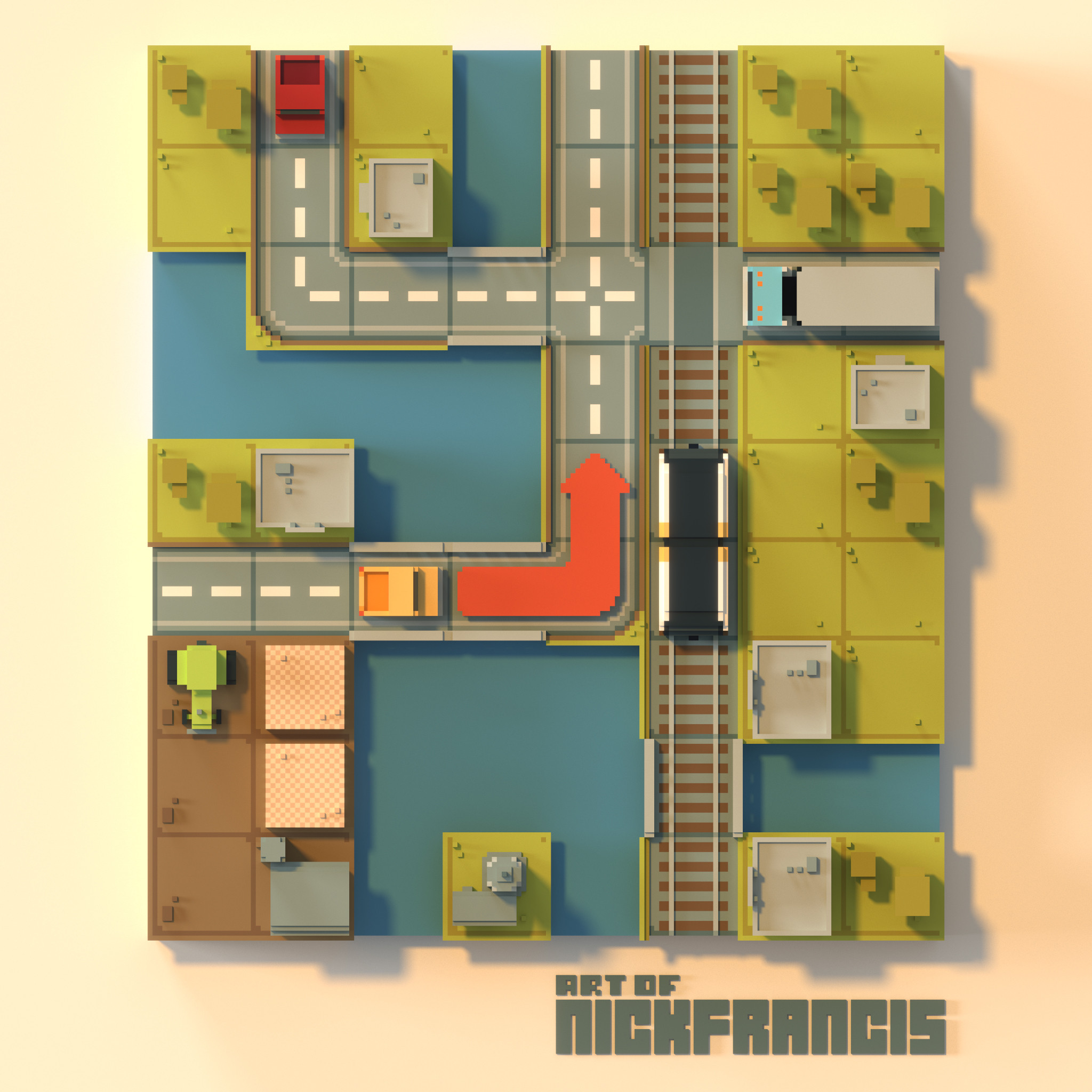 Rendering of various square grid-based voxel assets that forms the basis for a small town.