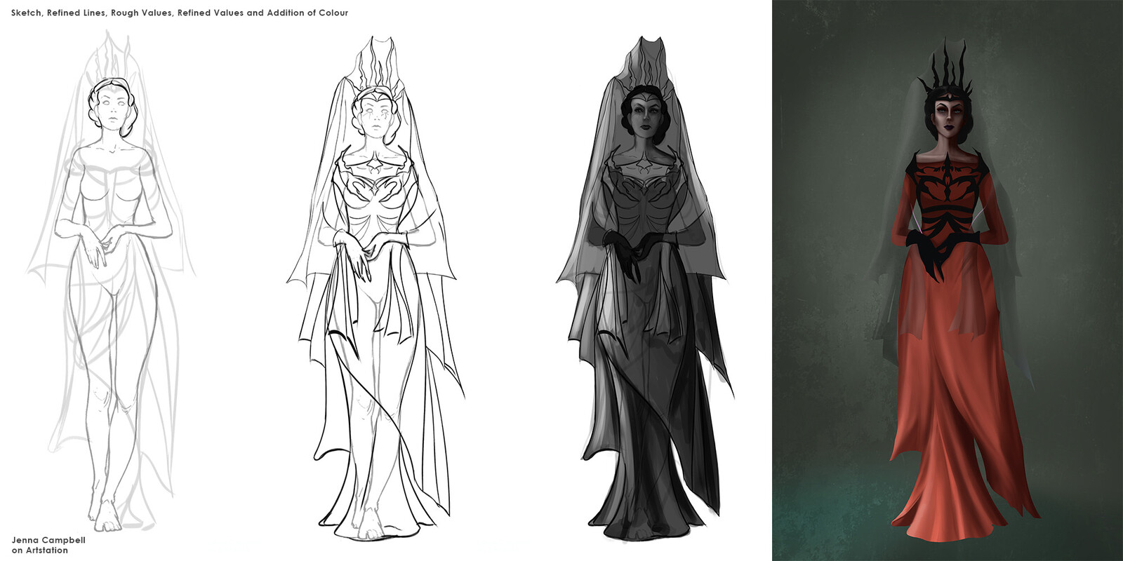 Sketch, Refined Lines, Rough Values, Refined Values + Colour Blocking before Hue Change