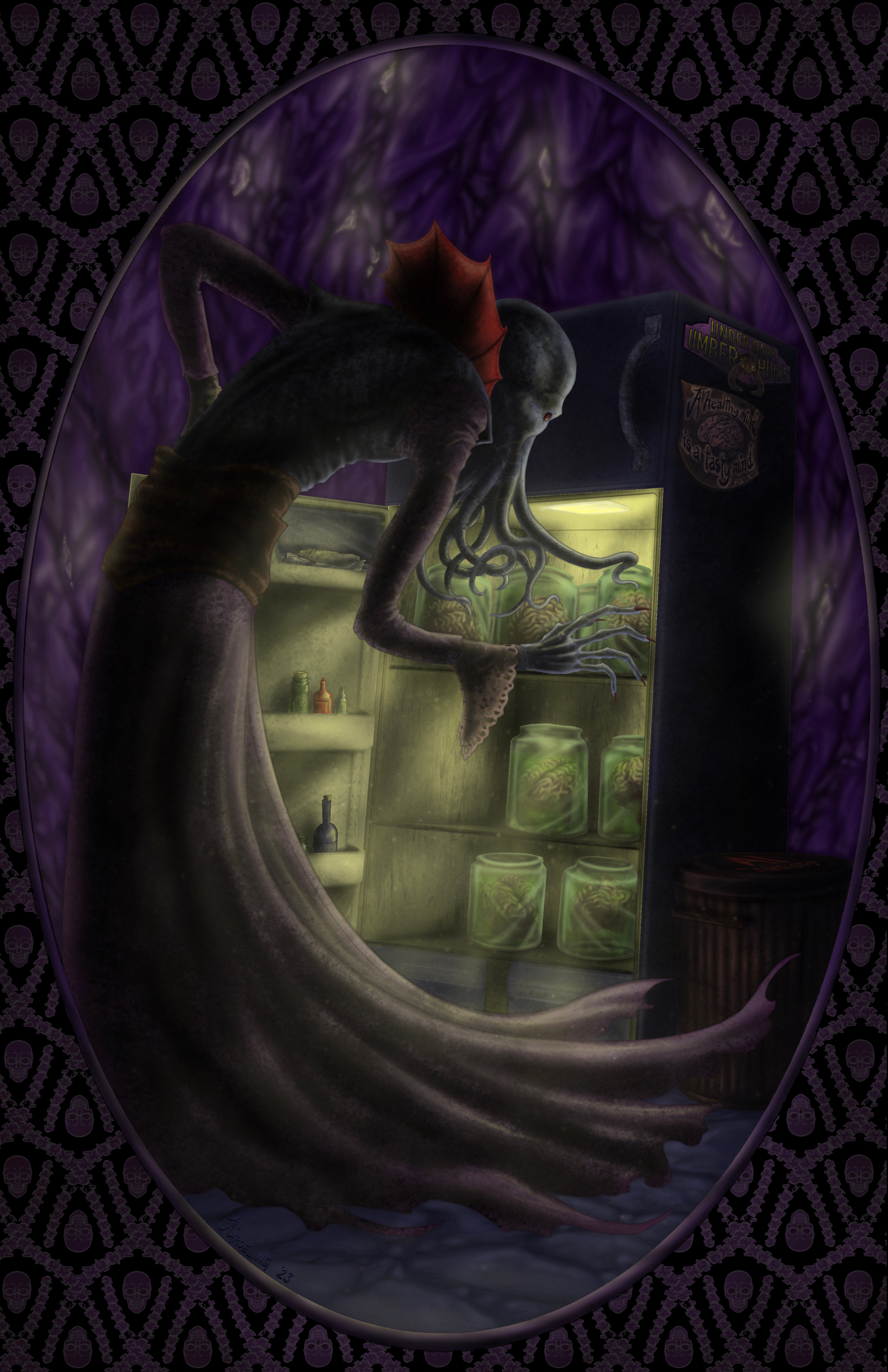 ‘Mid-Mind Snack’, done in Procreate App on iPad Pro, 2023. (Plus ‘Underdark Umberhulks’ team logo)