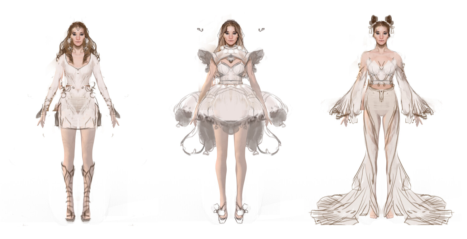 Sketches. I regret not having made a recording of this procedure. On the other hand, all I did was use the symmetry tool in Photoshop and a screenshot of a T-pose from DAZ Studio.