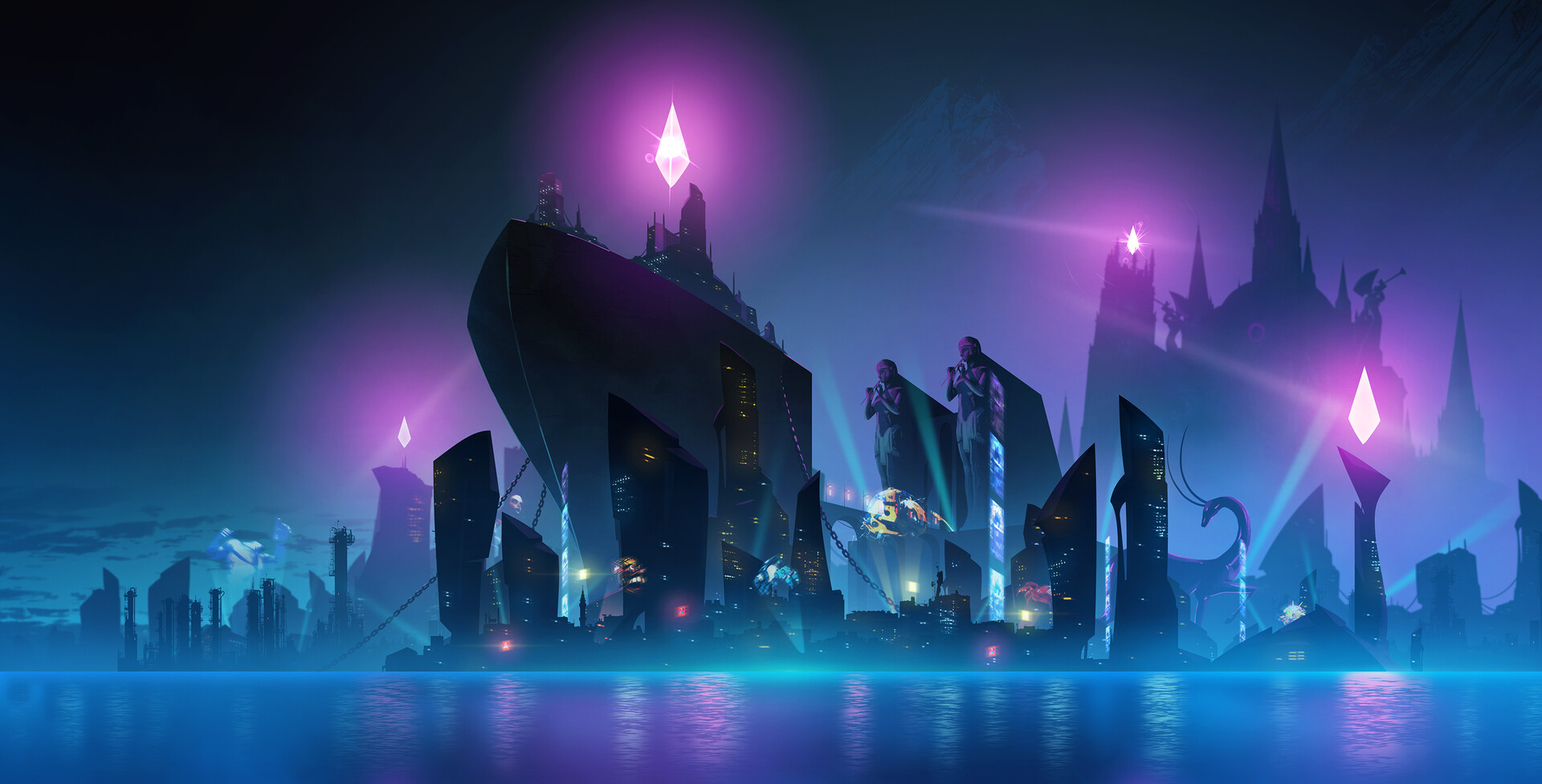 4K, cyberpunk, city, futuristic, cityscape, building, skyscraper, digital  art, mechs