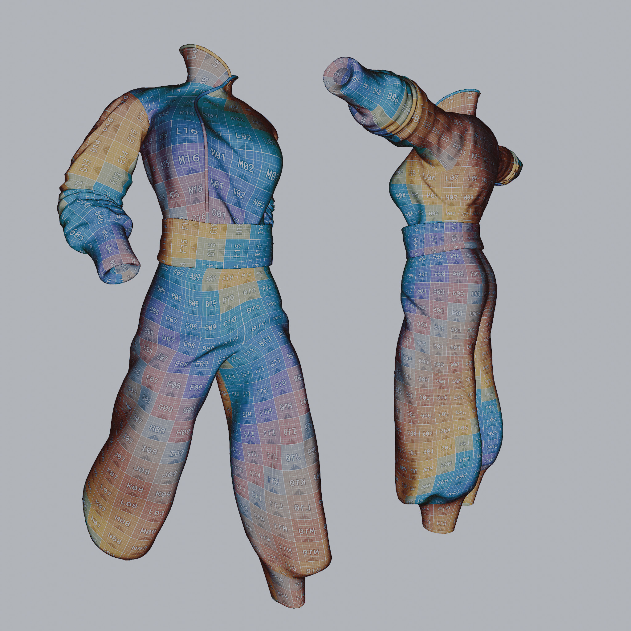 UV overview. split into easier parts (arms, cuffs, etc), and seamed for seamless tiling.