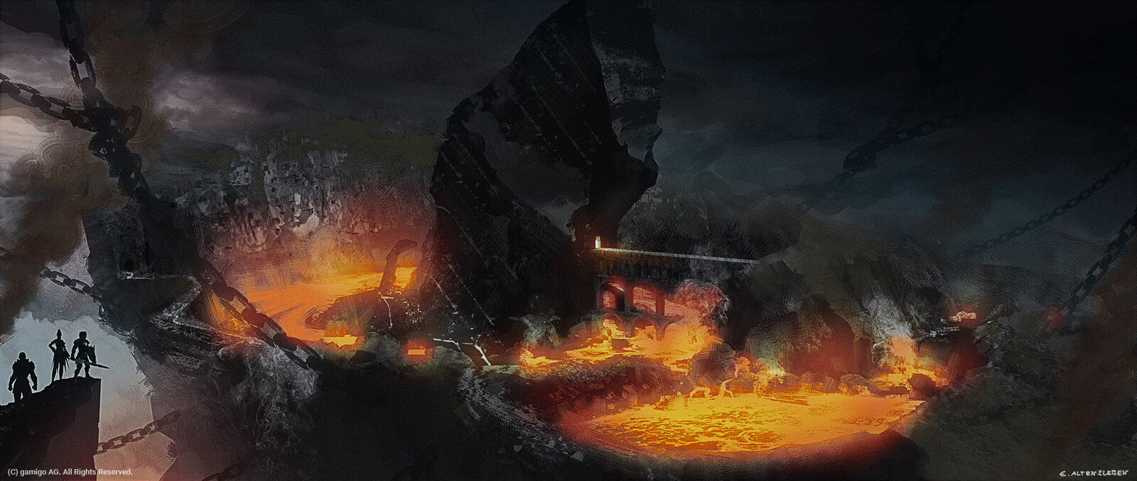 My basic thought on fire was to have a natural structure connected with some temple bridge elements. The idea was to use a massive Obsidian kind of rock for the temple surrounded by magma lakes and a volcanic area.