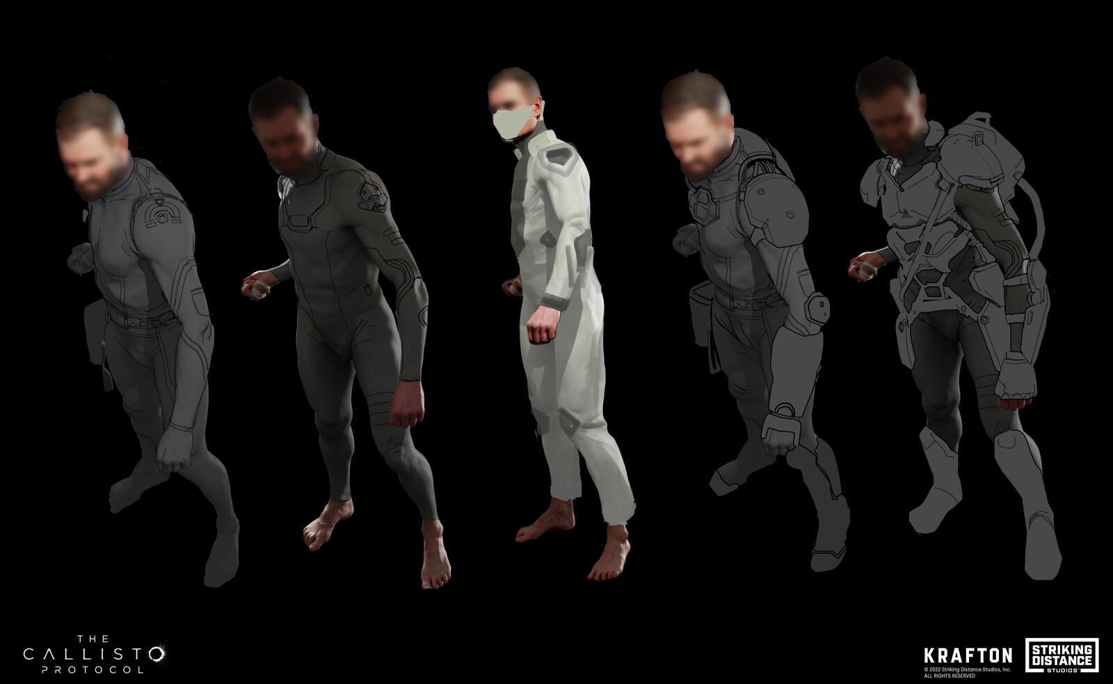 Some of the earliest bluesky sketches for what a prisoner suit might look like. I wanted to try a suit that would cling to the skin and show off the character's musculature and have "armor" layered on top.