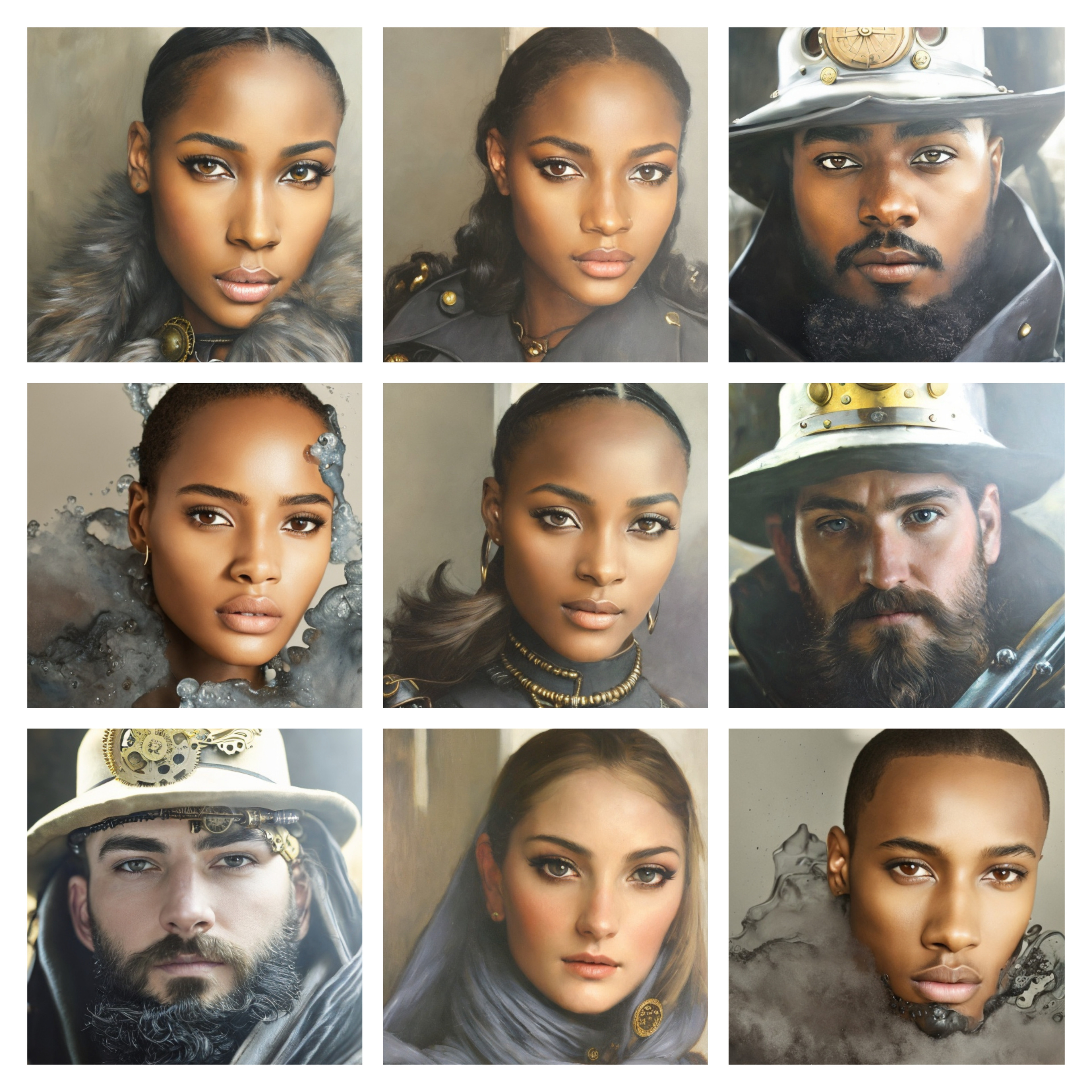 This is a collage of different portraits I created. All but three of the characters in the portraits are modeled after my own facial features. The other three were, with the hat and beard were modeled after my barber.