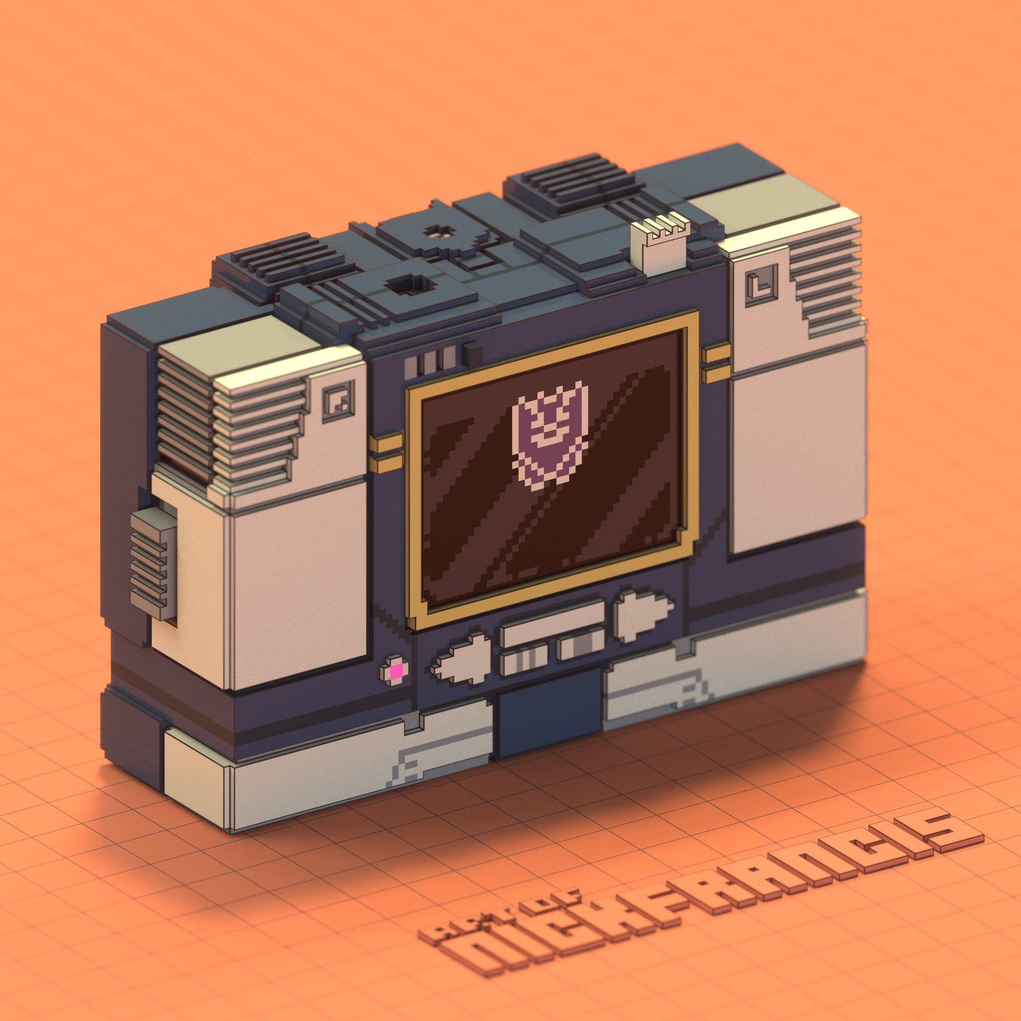 Front-facing rendering of Soundwave in his classic "G1" disguise as 80s styled portable cassette player.