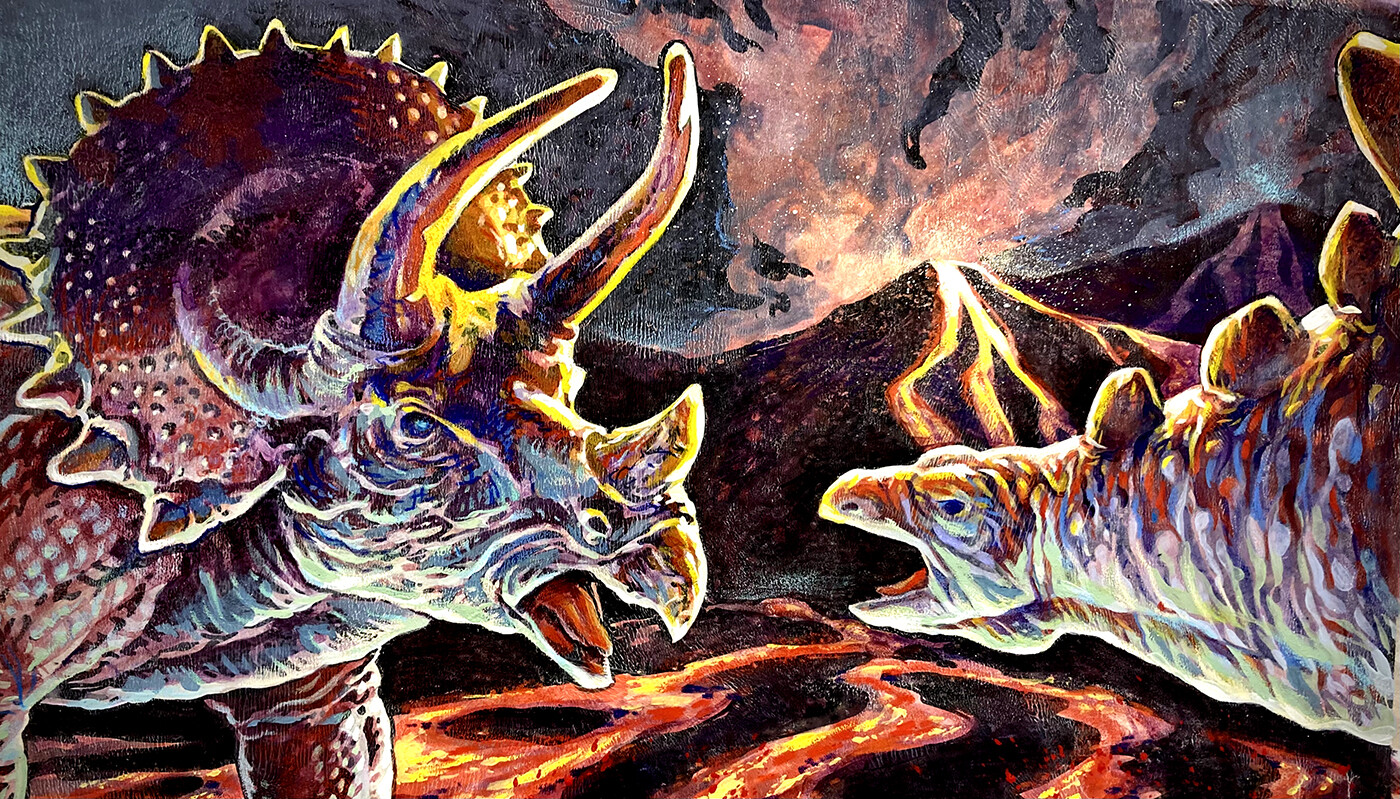 Traditional mixed media painting of two dinosaurs facing off.