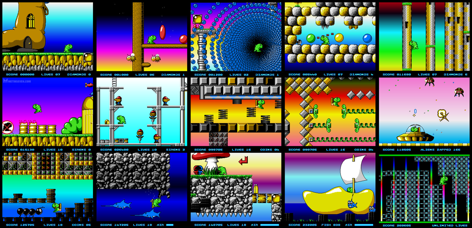 Backgrounds, patterns and character designs for the Hoi Amiga platform game (1992)
