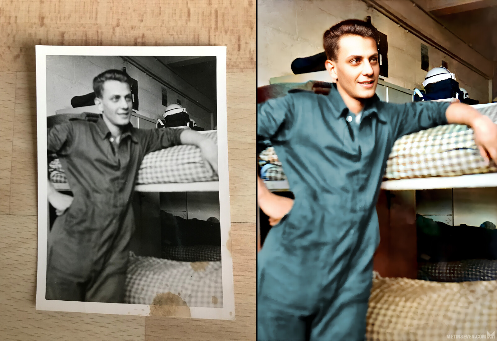 Restoration and colorization of an old photo that was supplied as the distorted left-side mobile snapshot of the printed photo. Note that the subject's face is out of focus in the original photograph.