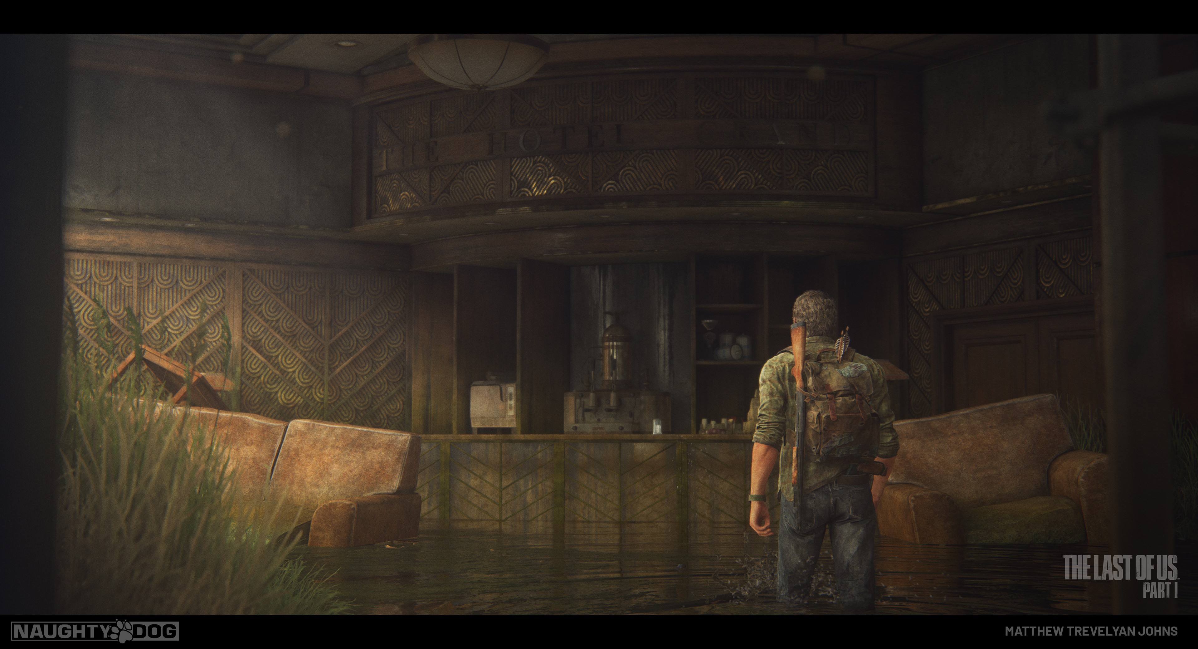 Building on the work done by other artists, I remodelled many of the 'hero' elements, like this bar, so that they could take advantage of the brand new, trim texture/shader pipeline i'd been working on specifically for TLOU: Part I
